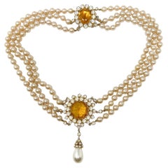 Vintage 1950s Multi-Strand Faux Pearl, Glass and Rhinestone Statement Necklace