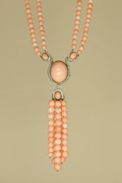 Vintage 1950s Multi Strand Pink Coral and White Gold Diamond Pendant Necklace