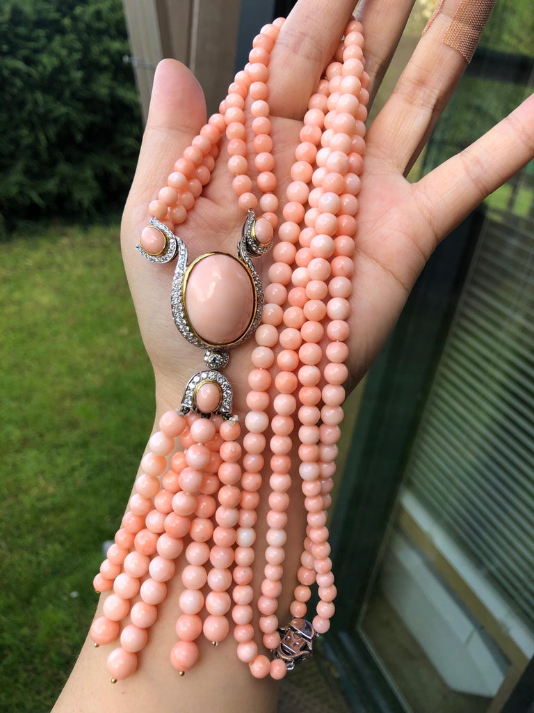 Vintage 1950s Multi Strand Pink Coral and White Gold Diamond