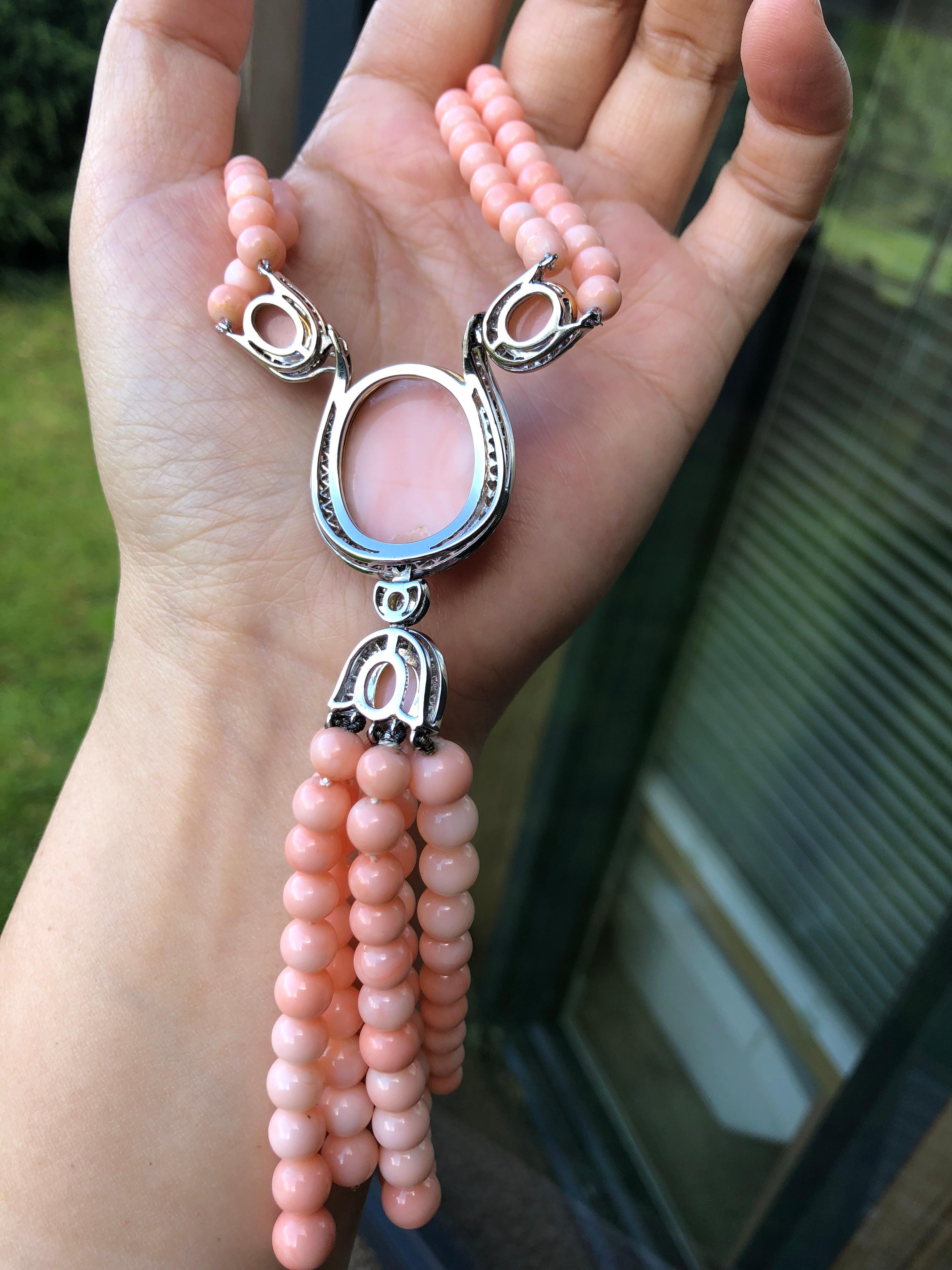 Cabochon Vintage 1950s Multi Strand Pink Coral and White Gold Diamond Pendant Necklace For Sale