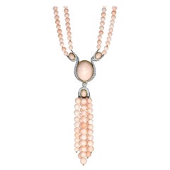 Vintage 1950s Multi Strand Pink Coral and White Gold Diamond Pendant Necklace