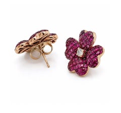Vintage 1950s Mystery-Invisibly Set Ruby Diamond Clover 18K Gold Stud Earrings