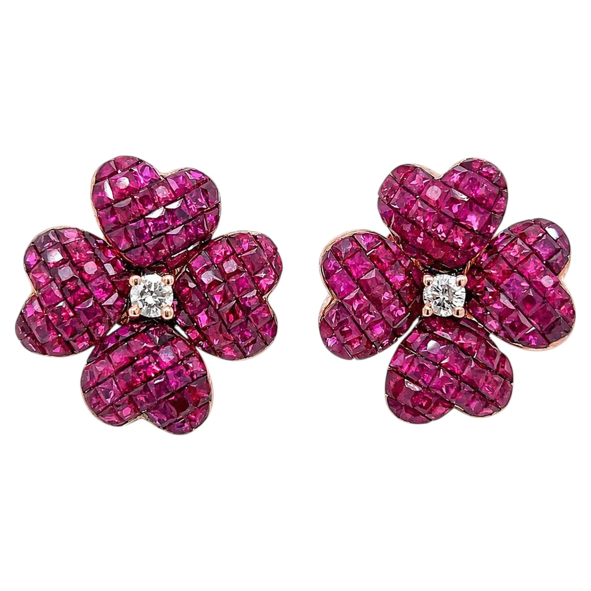 Vintage 1950s Mystery-Invisibly Set Ruby Diamond Clover 18K Gold Stud Earrings