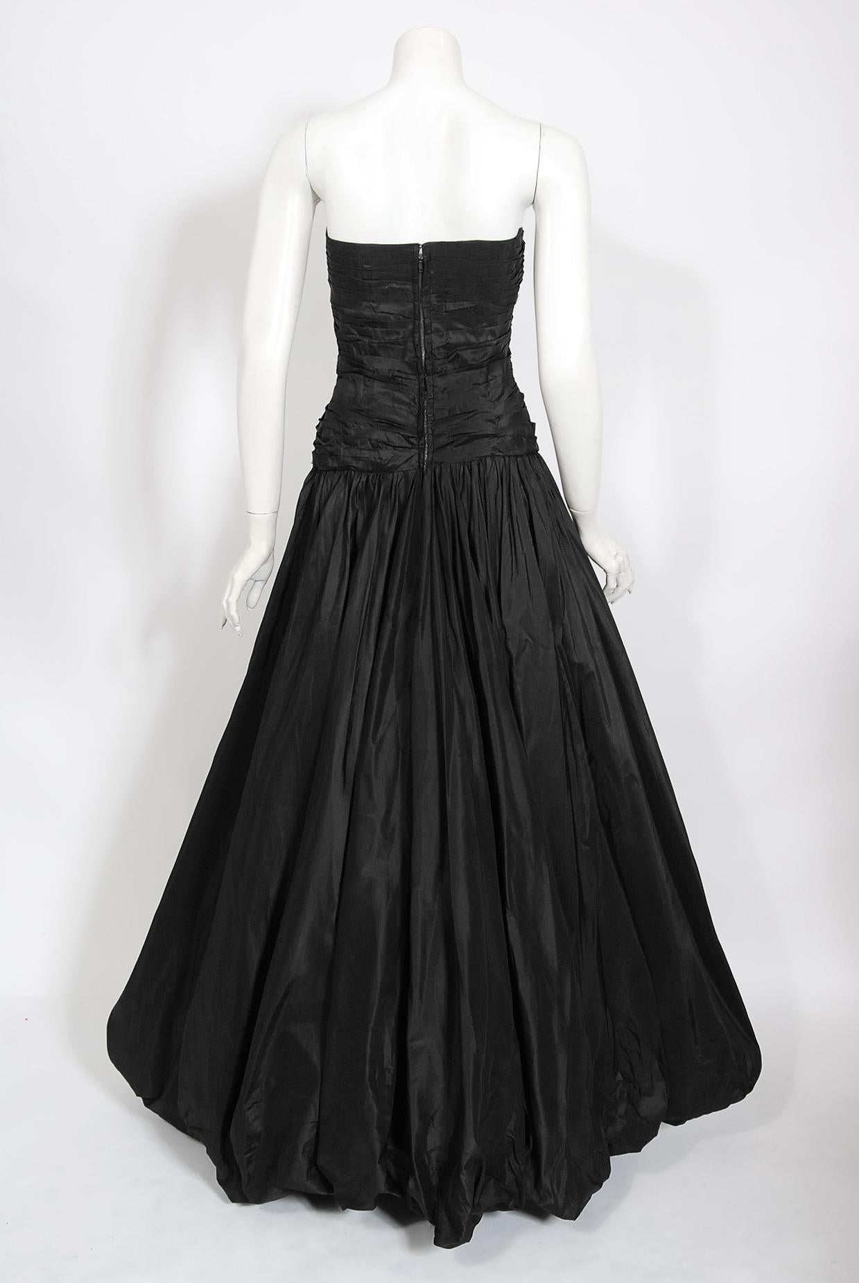Vintage 1950s Nanty Couture Black Pleated Silk Taffeta Strapless Voluminous Gown 9