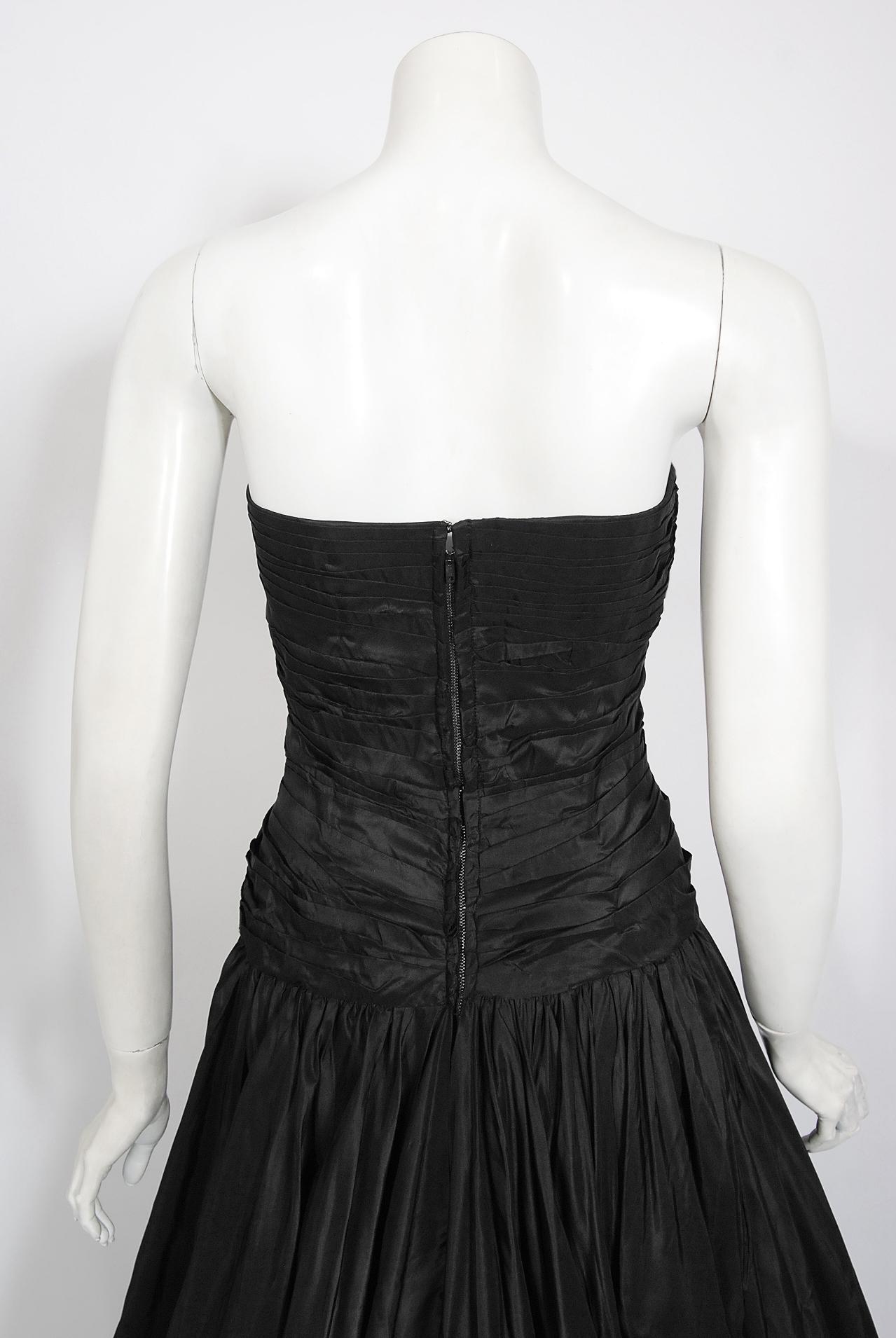 Vintage 1950s Nanty Couture Black Pleated Silk Taffeta Strapless Voluminous Gown 10
