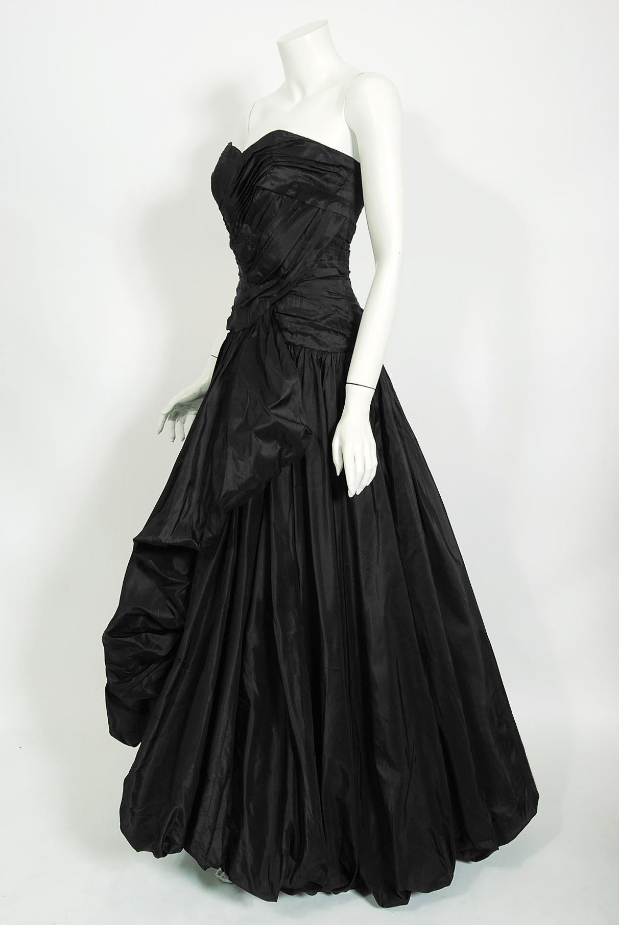 Vintage 1950s Nanty Couture Black Pleated Silk Taffeta Strapless Voluminous Gown 4