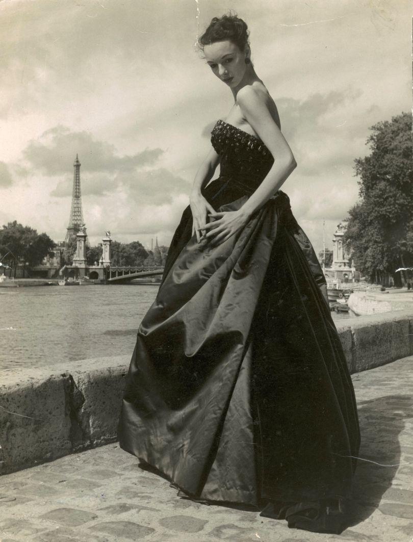Vintage 1950s Nanty Couture Black Pleated Silk Taffeta Strapless Voluminous Gown 6