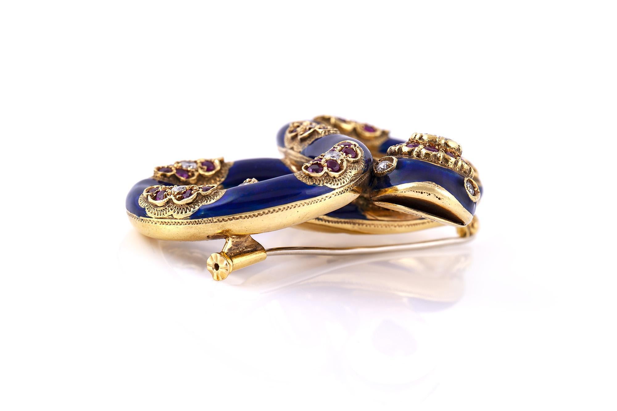 Round Cut Vintage 1950s Nardi Blue Enamel Snake Brooch For Sale