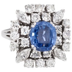 Vintage 1950s Natural Ceylon Sapphire Diamond Ring 18 Karat Gold Estate Jewelry