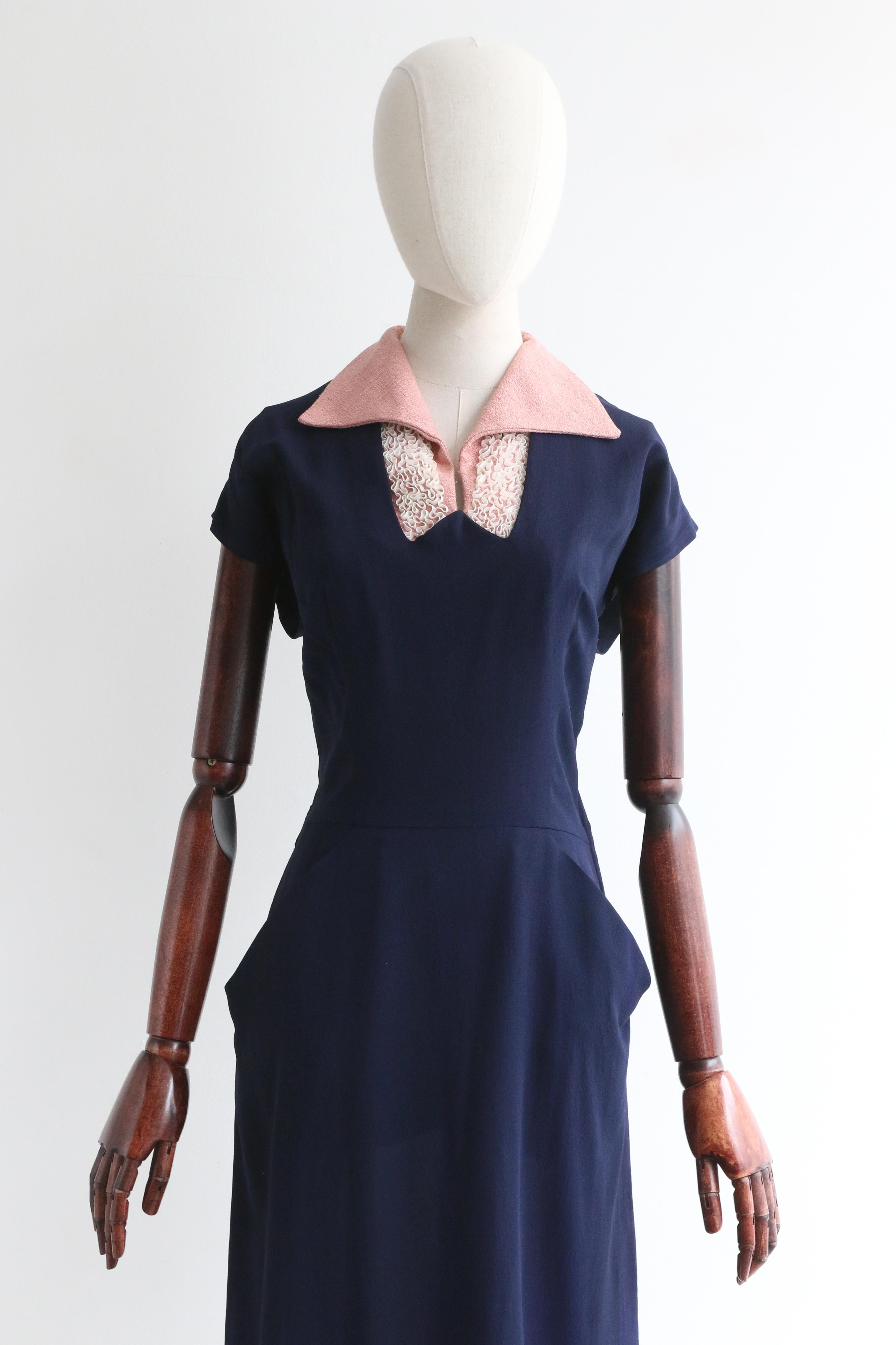 Vintage 1950's Navy and Pink Dress and Coat Set UK 10 US 6 For Sale at