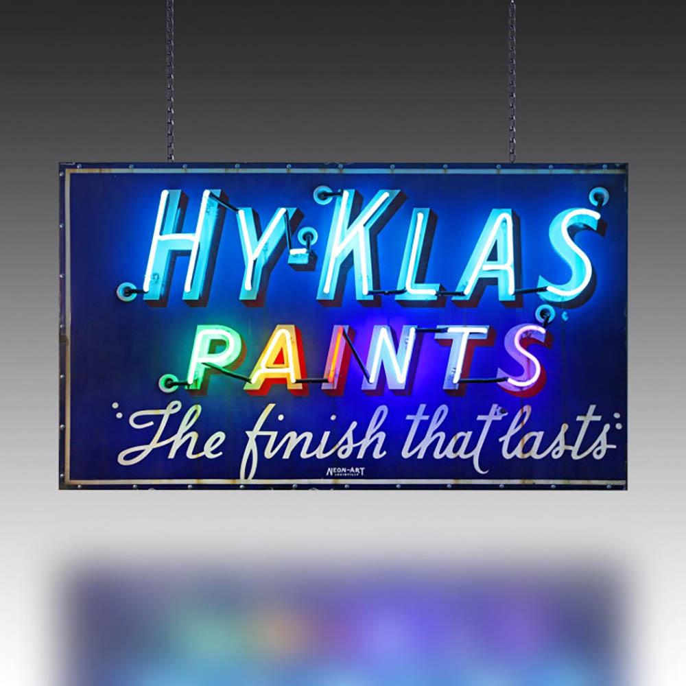 Extremely rare original 1950s 'Hy-Klas Paints' neon sign

This fabulous vintage neon sign is a classic piece of 1950s Americana. Now completely restored to full working order and adapted for the UK, it really lights up the room with its