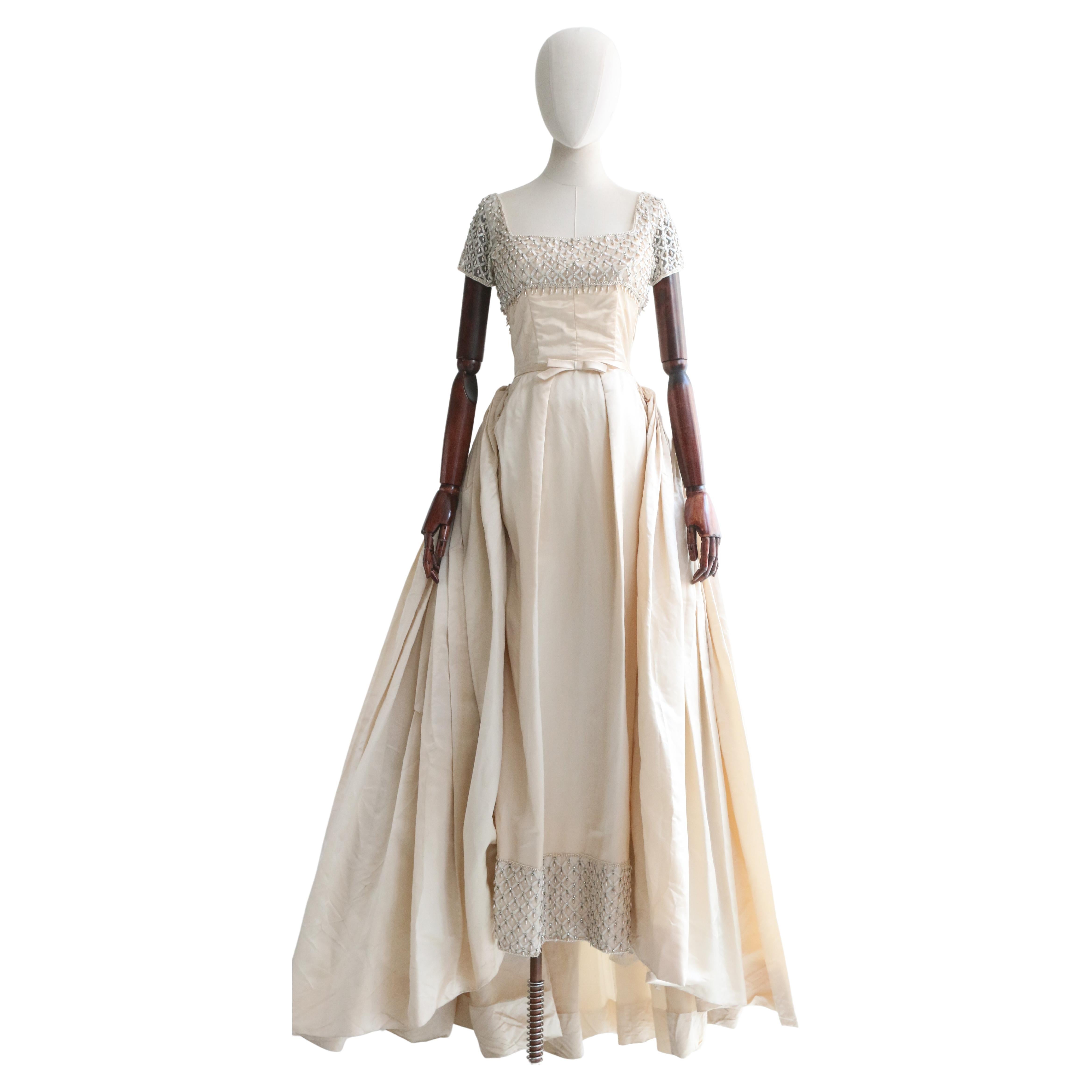 Vintage 1950's Neymar Couture Duchess Satin & Beaded Gown UK 4 US 0 For Sale