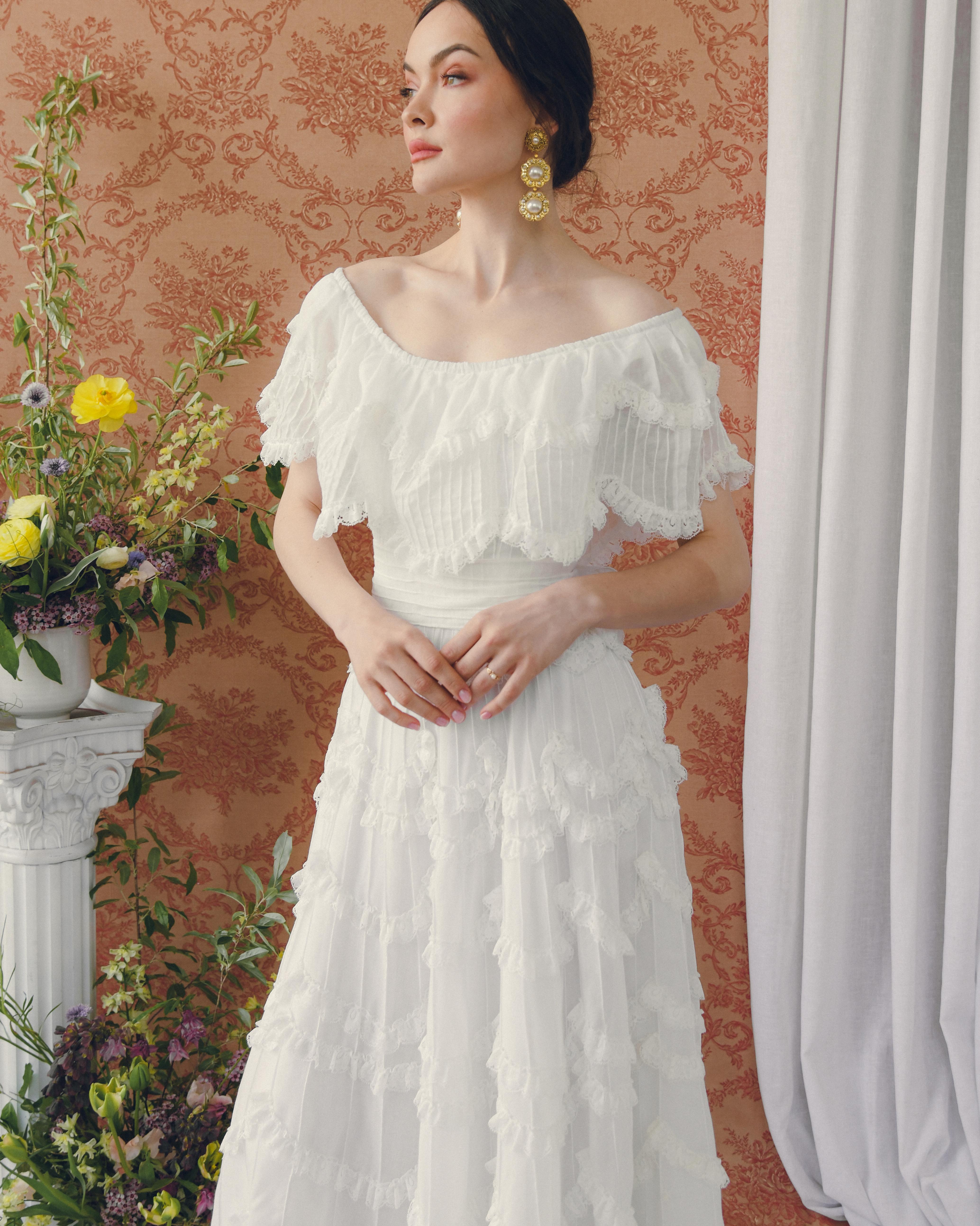 Vintage 1950s Off-the-Shoulder Pintucked Mexican Wedding Dress 3
