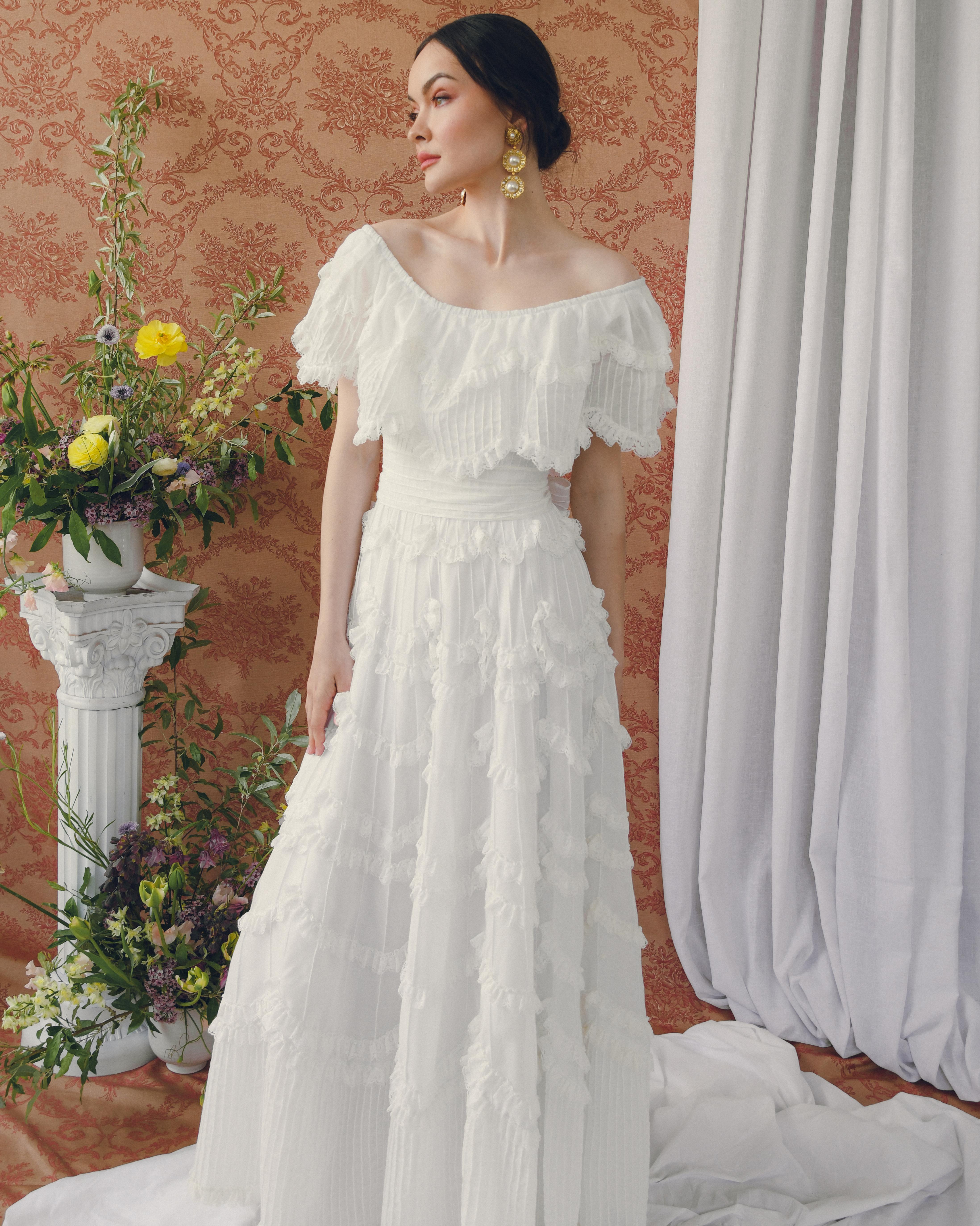 Vintage 1950s Off-the-Shoulder Pintucked Mexican Wedding Dress 1