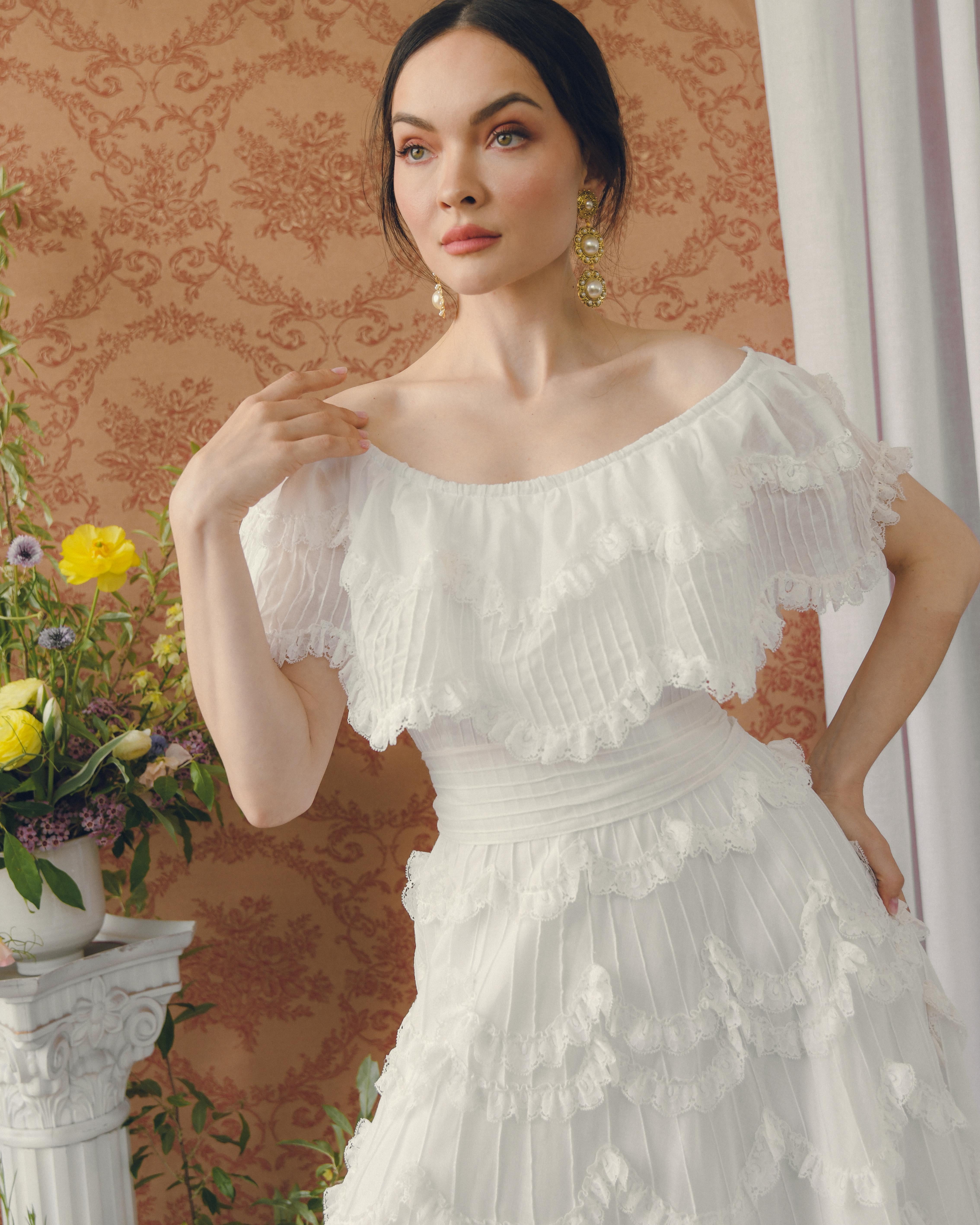 Vintage 1950s Off-the-Shoulder Pintucked Mexican Wedding Dress In Good Condition In New York, NY