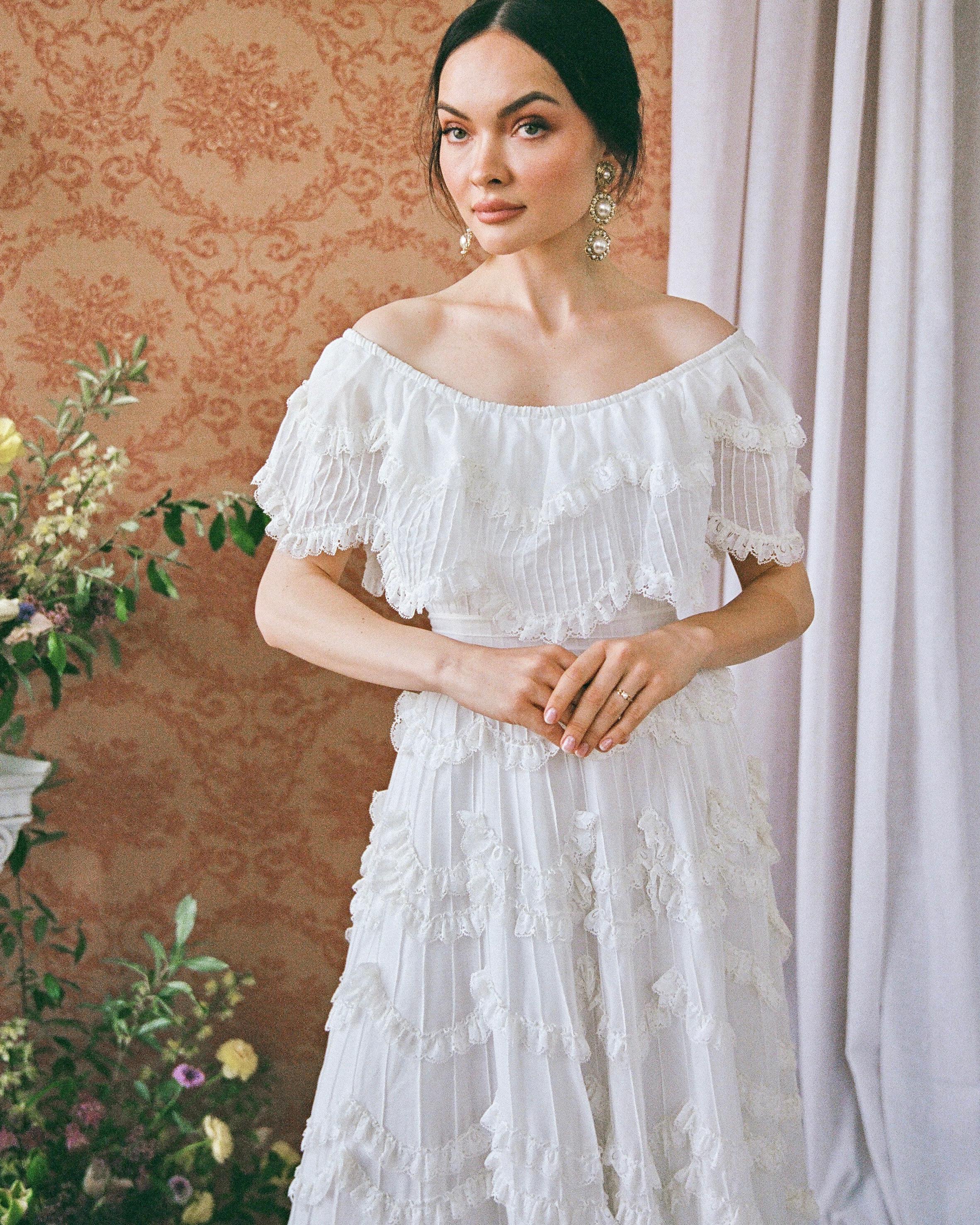 Vintage 1950s Off-the-Shoulder Pintucked Mexican Wedding Dress 9