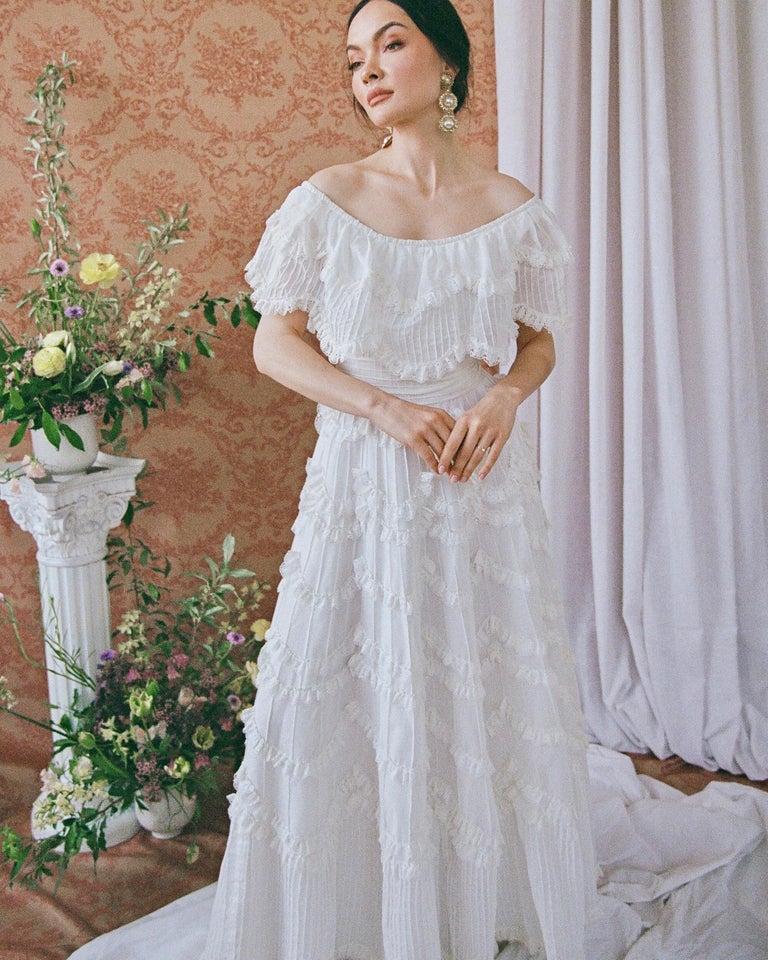 Vintage 1950s Off-the-Shoulder Pintucked Mexican Wedding Dress at 1stDibs