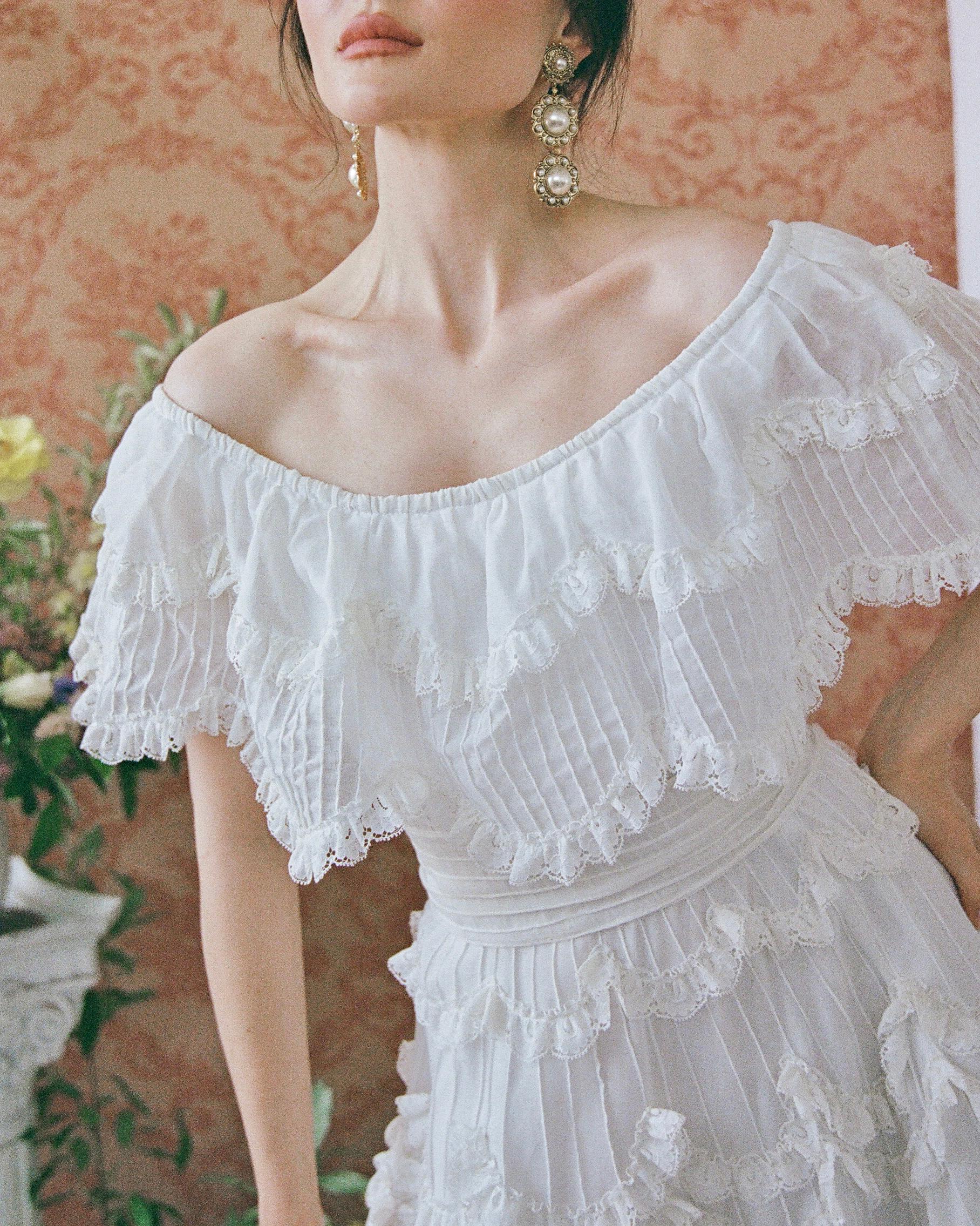 Vintage 1950s Off-the-Shoulder Pintucked Mexican Wedding Dress 8