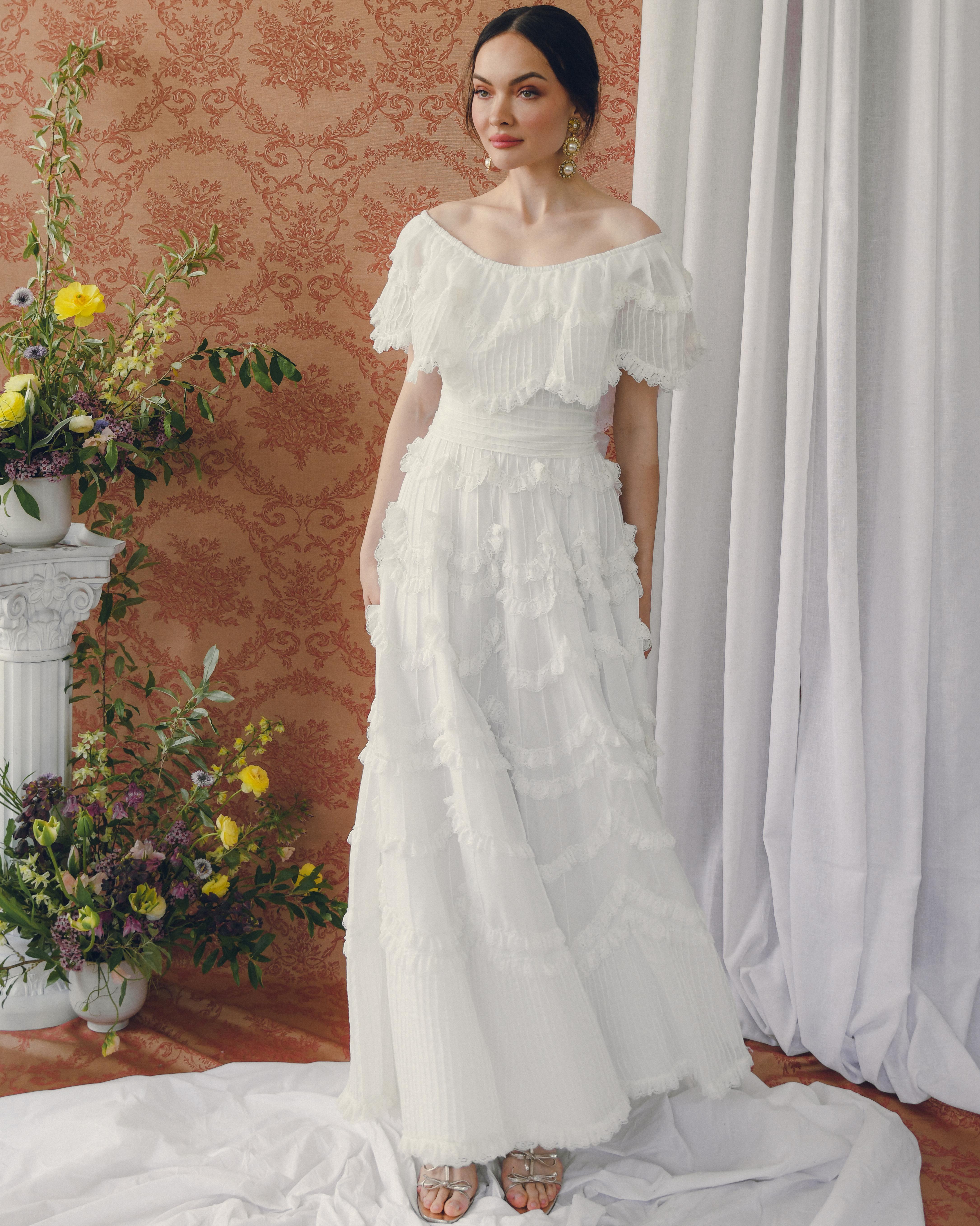 Vintage 1950s Off-the-Shoulder Pintucked Mexican Wedding Dress 5