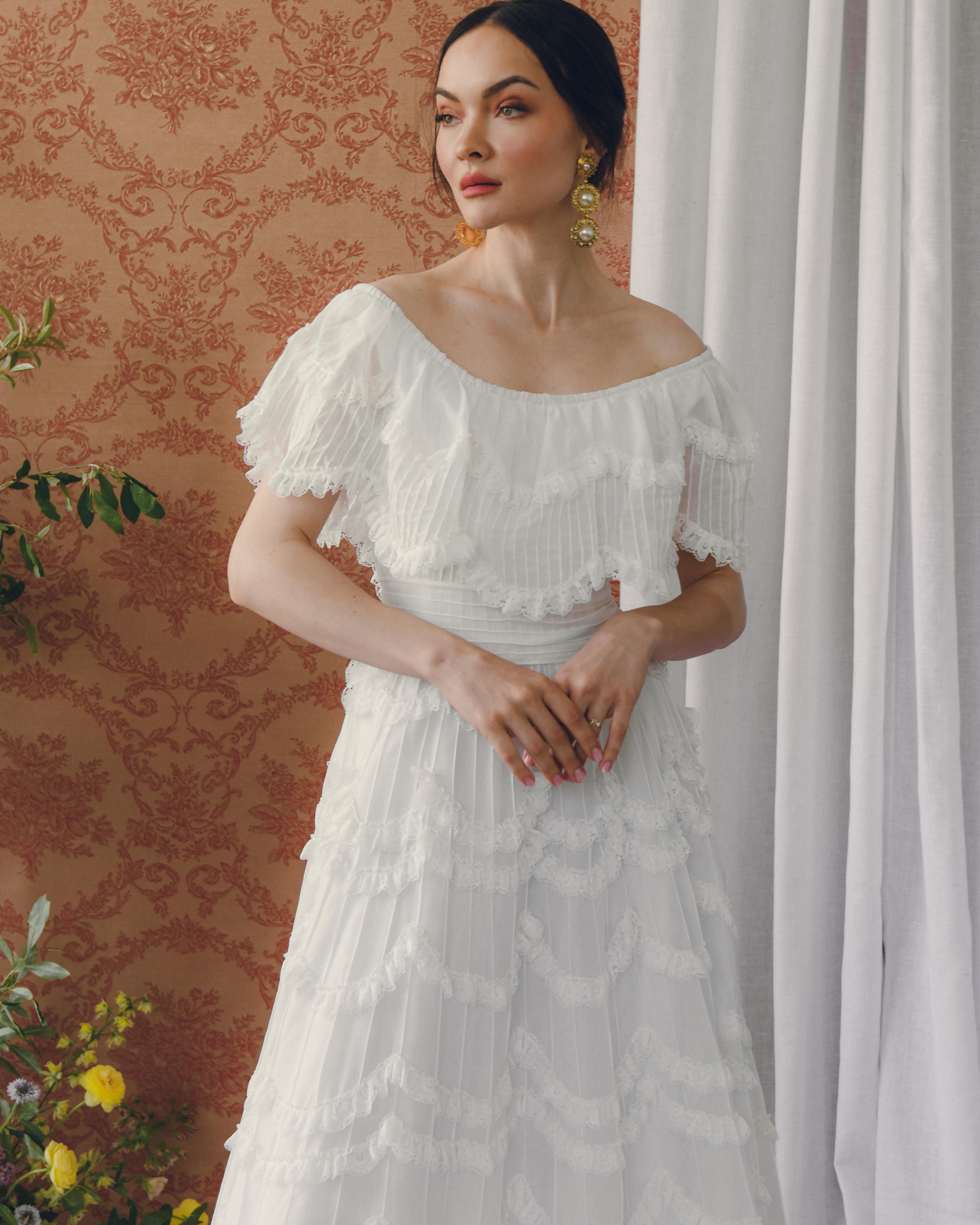 Vintage 1950s Off-the-Shoulder Pintucked Mexican Wedding Dress 4