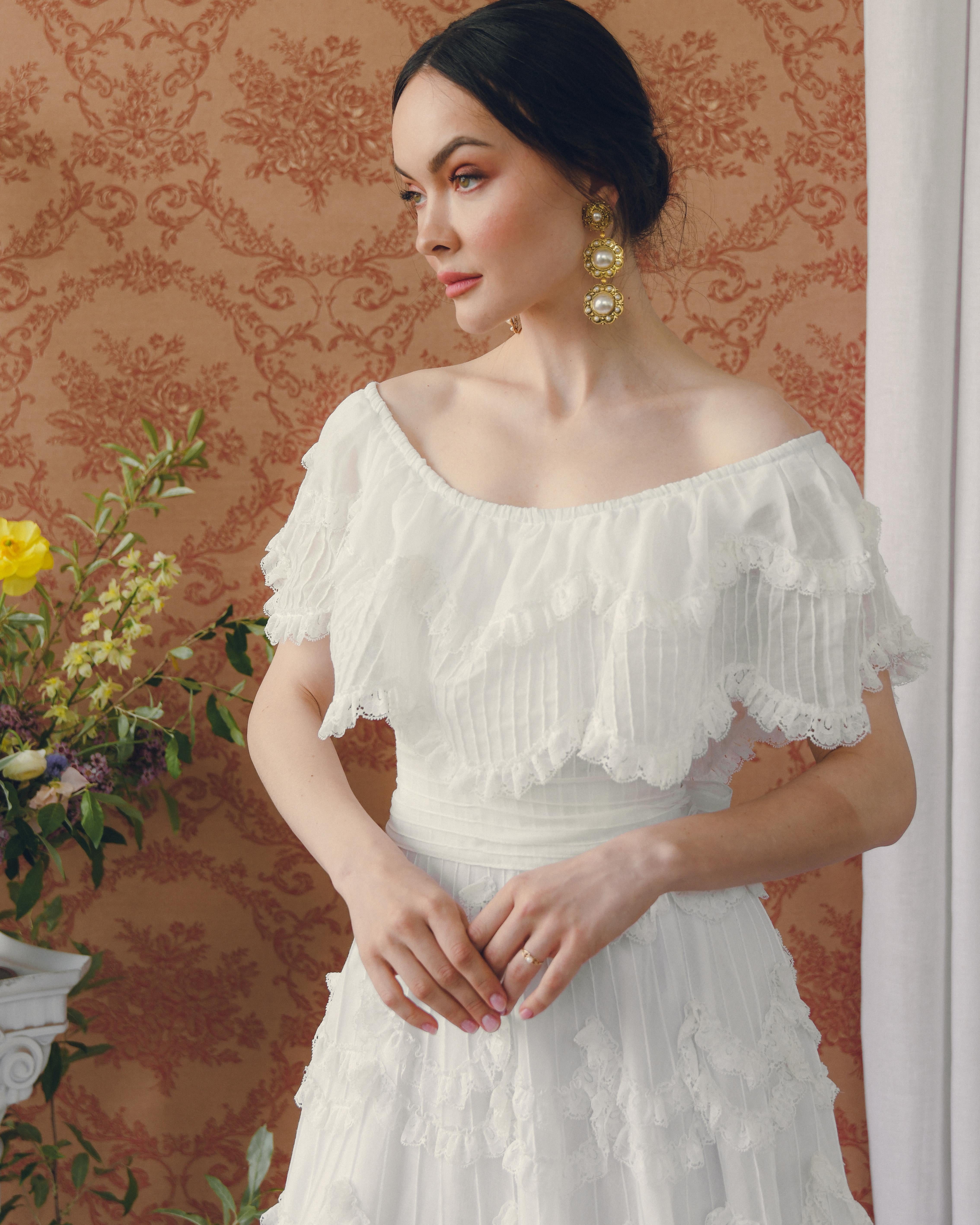 Vintage 1950s Off-the-Shoulder Pintucked Mexican Wedding Dress 2