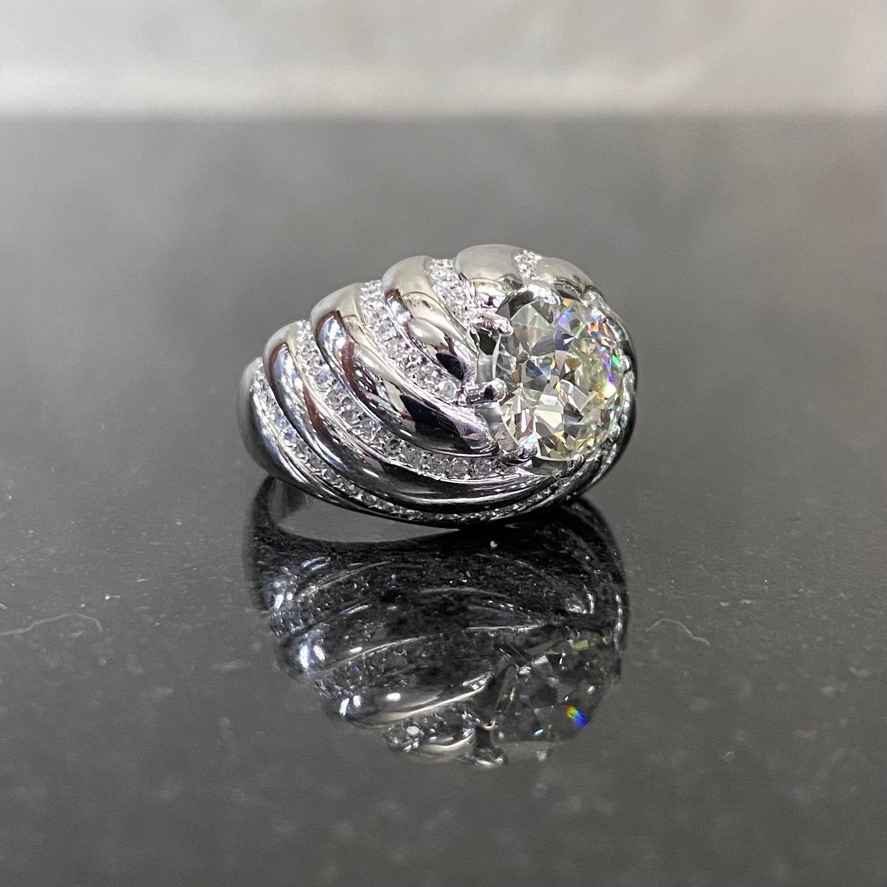 Modern Vintage 1950s Old European Brilliant Diamond Spiral Bombe Cocktail Ring Platinum For Sale