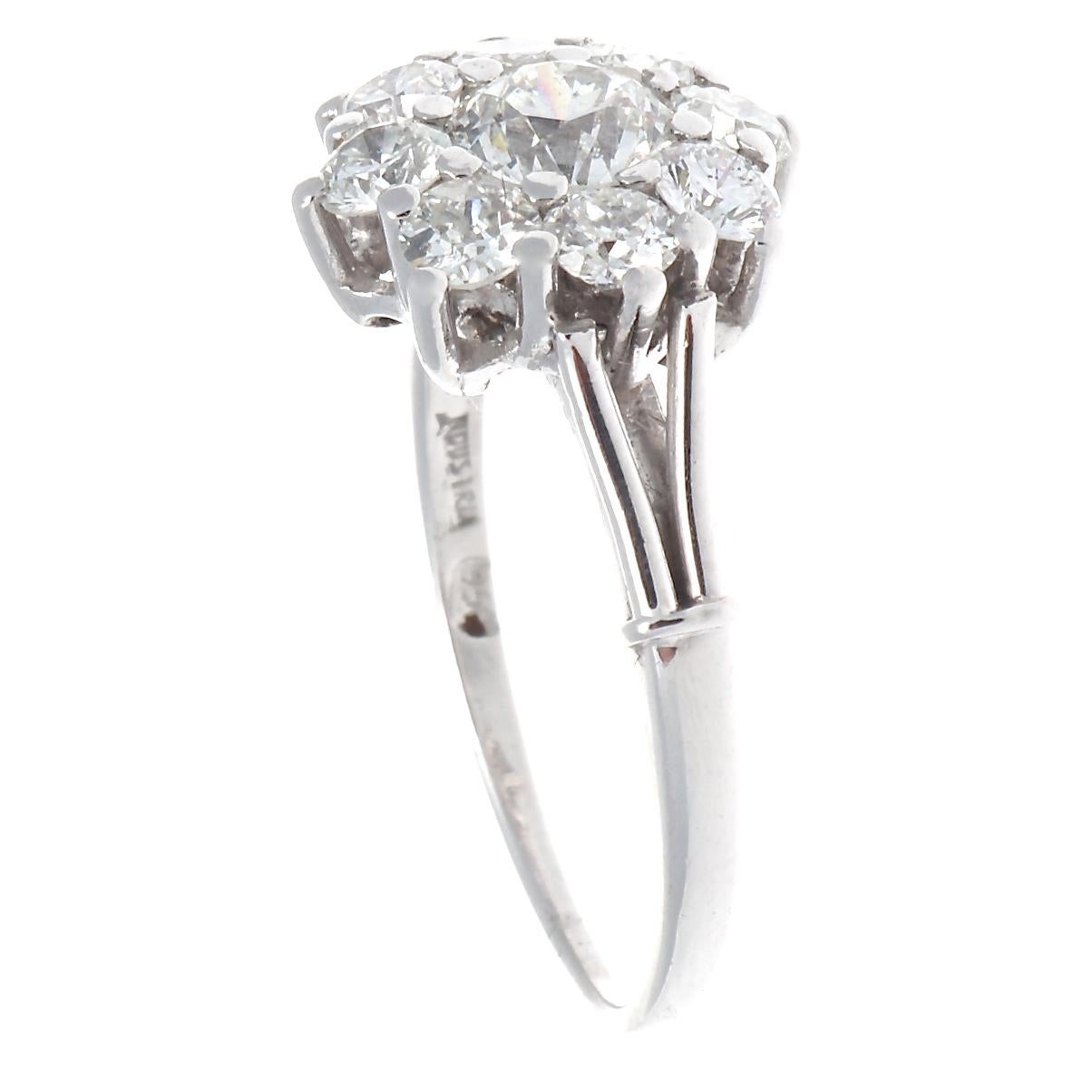Vintage 1950s Old European Cut Diamond Platinum Cluster Ring In Excellent Condition In Beverly Hills, CA