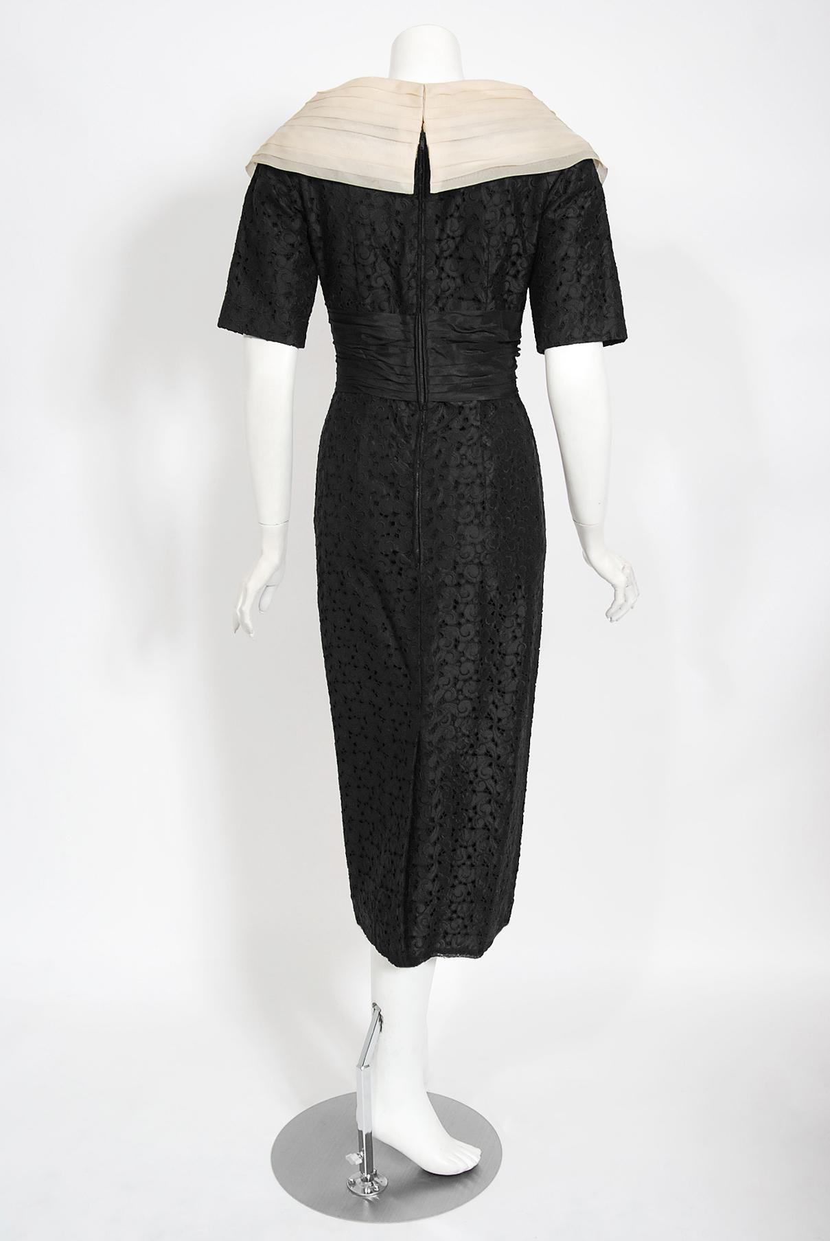 Vintage 1950's Oleg Cassini Black Embroidered Silk Cutwork Portrait-Collar Dress For Sale 4