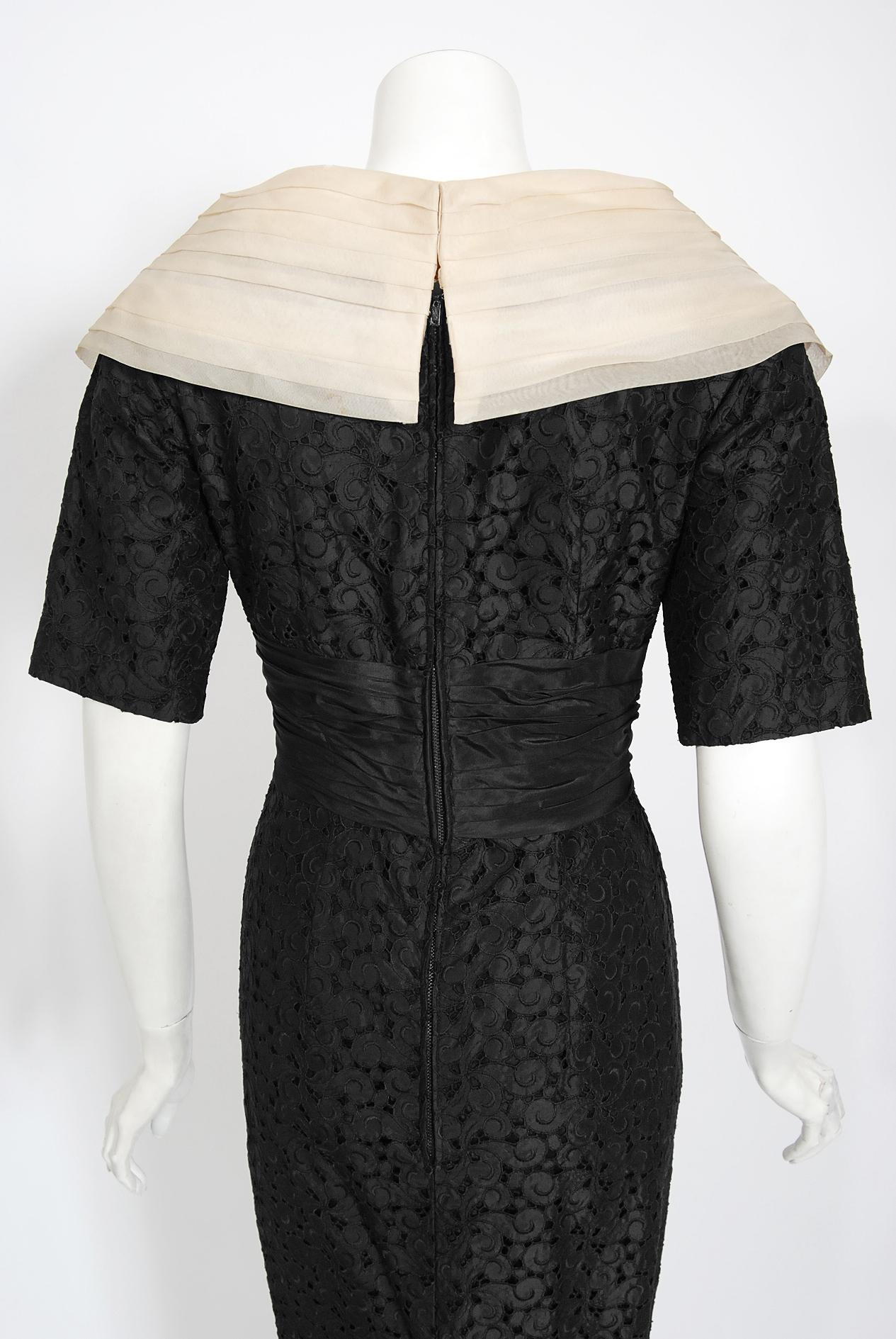 Vintage 1950's Oleg Cassini Black Embroidered Silk Cutwork Portrait-Collar Dress For Sale 5