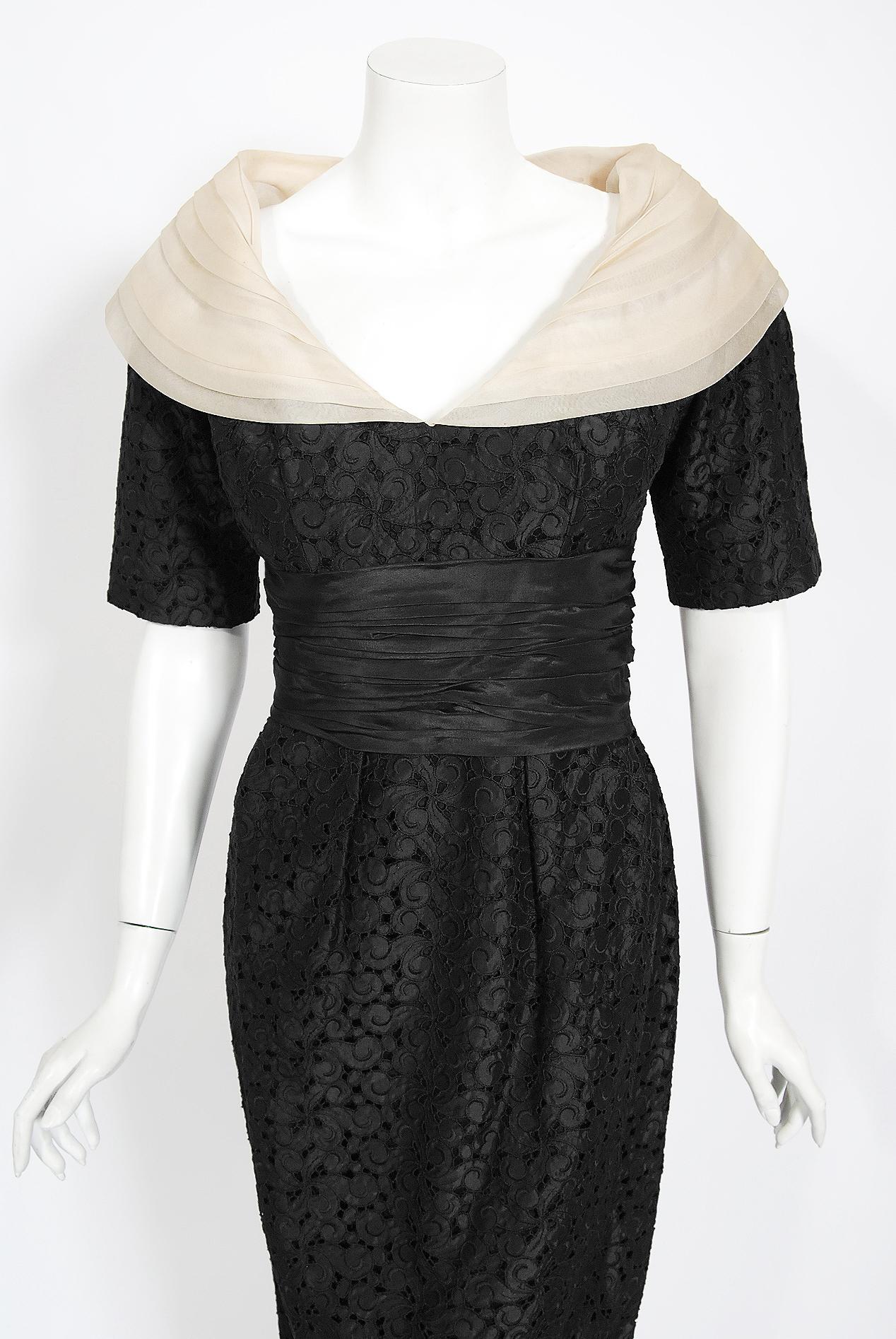 Noir Vintage 1950's Oleg Cassini Black Embroidered Silk Cutwork Portrait-Collar Dress en vente