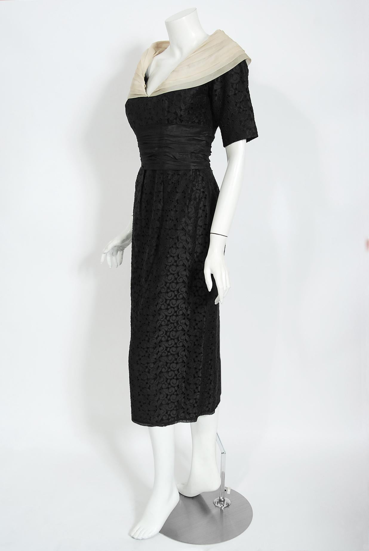 Vintage 1950's Oleg Cassini Black Embroidered Silk Cutwork Portrait-Collar Dress In Good Condition For Sale In Beverly Hills, CA