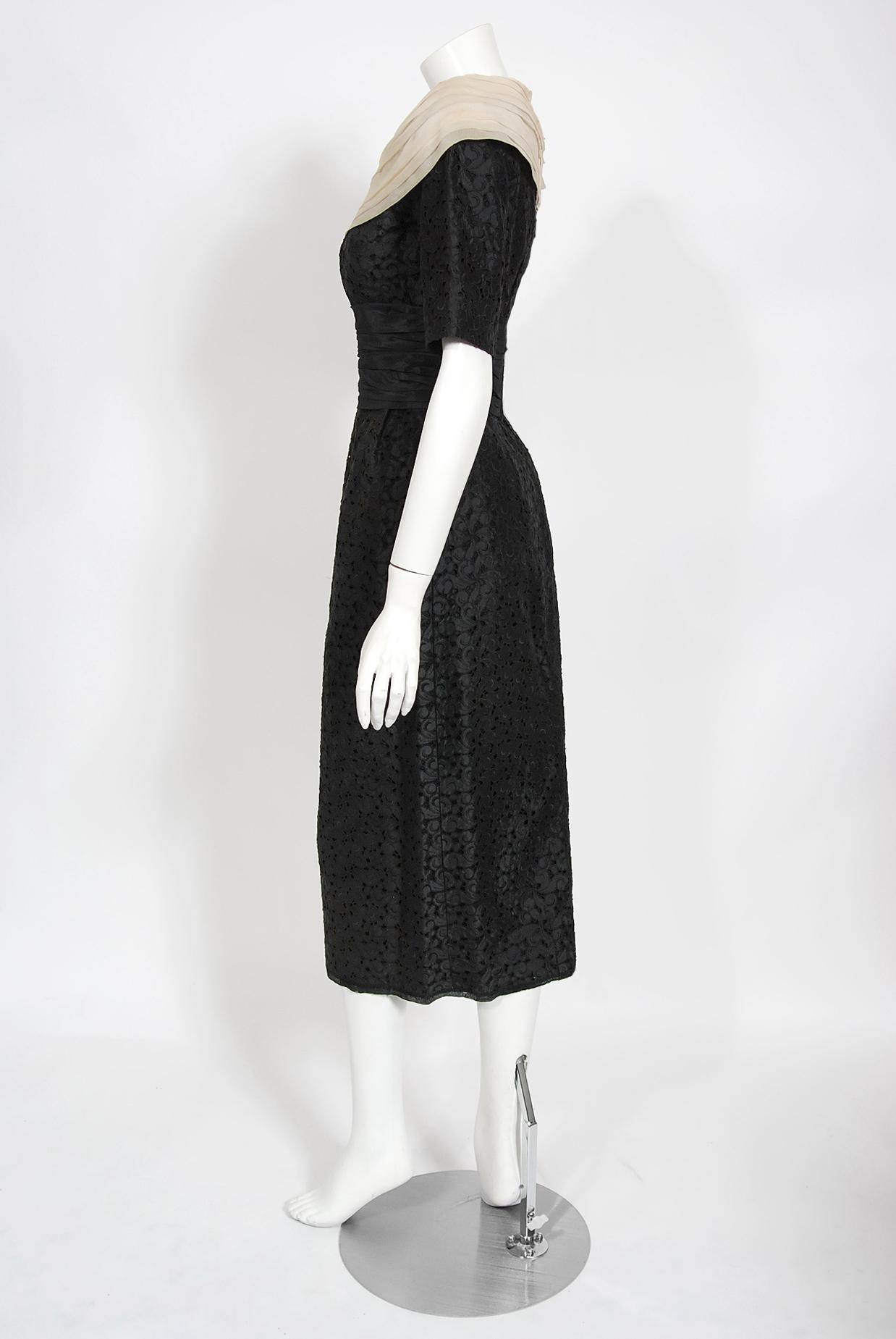 Vintage 1950's Oleg Cassini Black Embroidered Silk Cutwork Portrait-Collar Dress For Sale 2