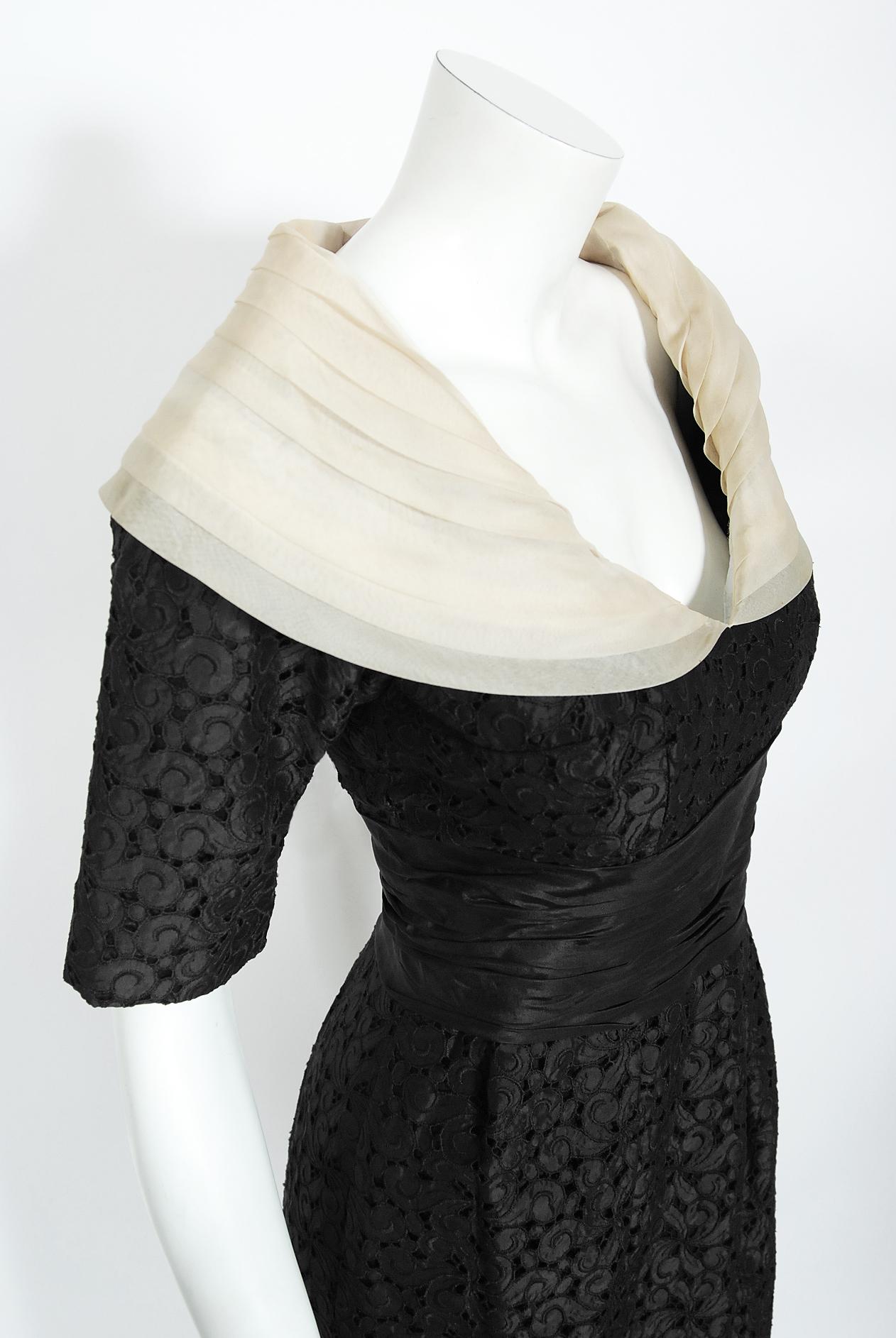 Vintage 1950's Oleg Cassini Black Embroidered Silk Cutwork Portrait-Collar Dress For Sale 3