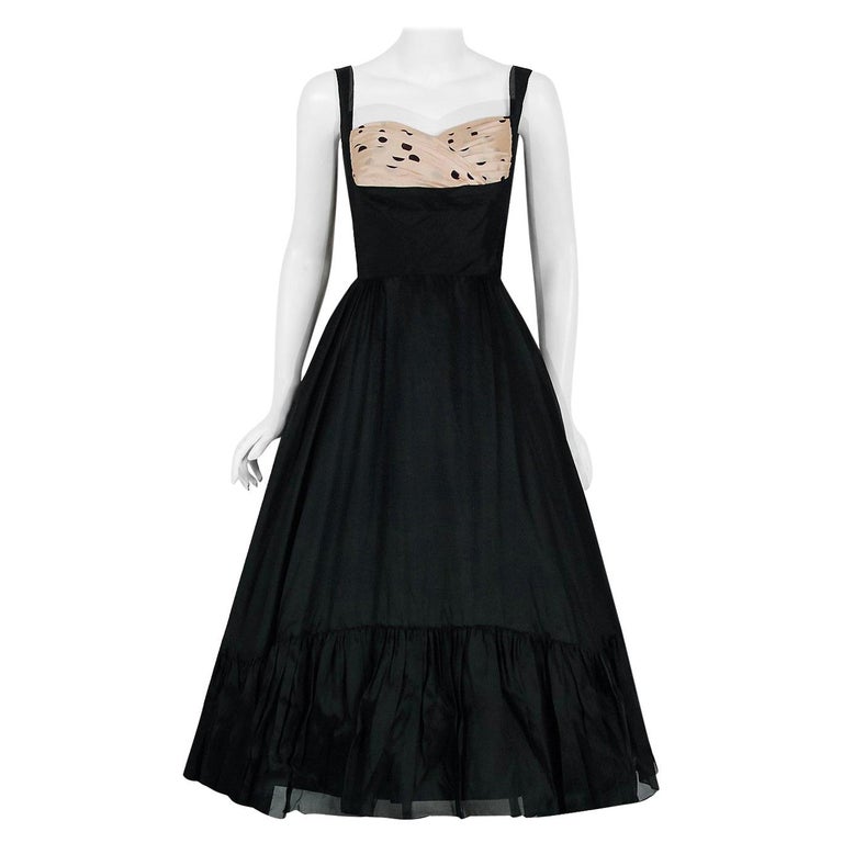 Vintage 1950's Oleg Cassini Black & Pink Polka Dot Silk Shelf-Bust Full Dress    For Sale