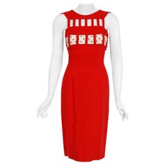 Vintage 1950's Oleg Cassini Red Linen and Polka-Dot Silk Cut Out Hourglass Dress