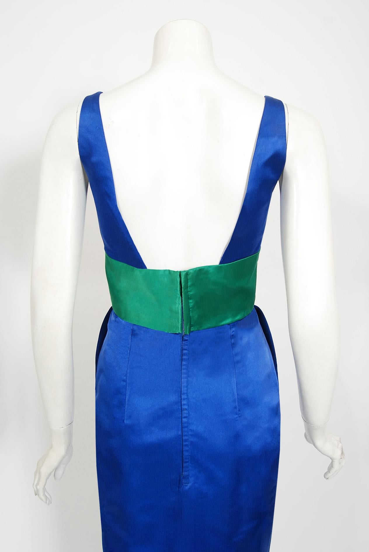 Vintage 1950s Oleg Cassini Sapphire Blue & Green Silk Sash Hourglass Fitted Gown 5