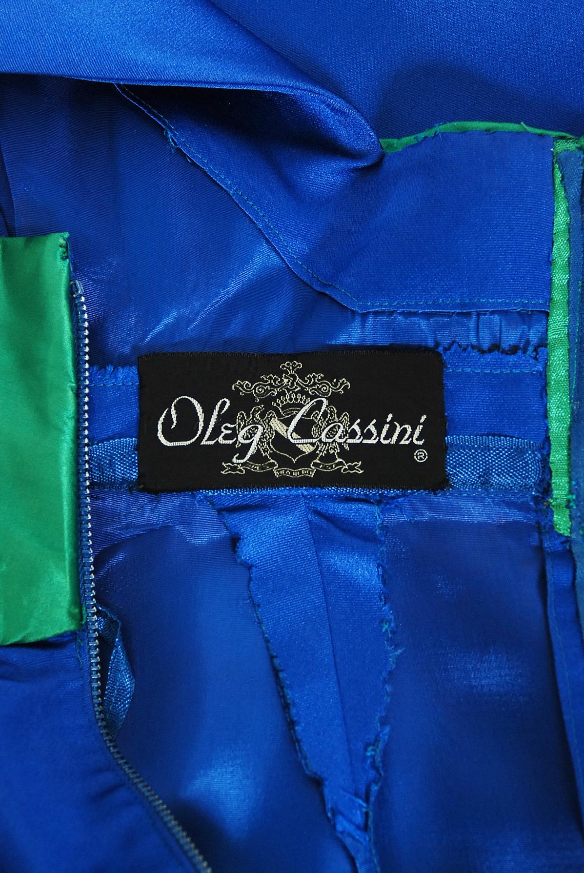 Vintage 1950s Oleg Cassini Sapphire Blue & Green Silk Sash Hourglass Fitted Gown 6