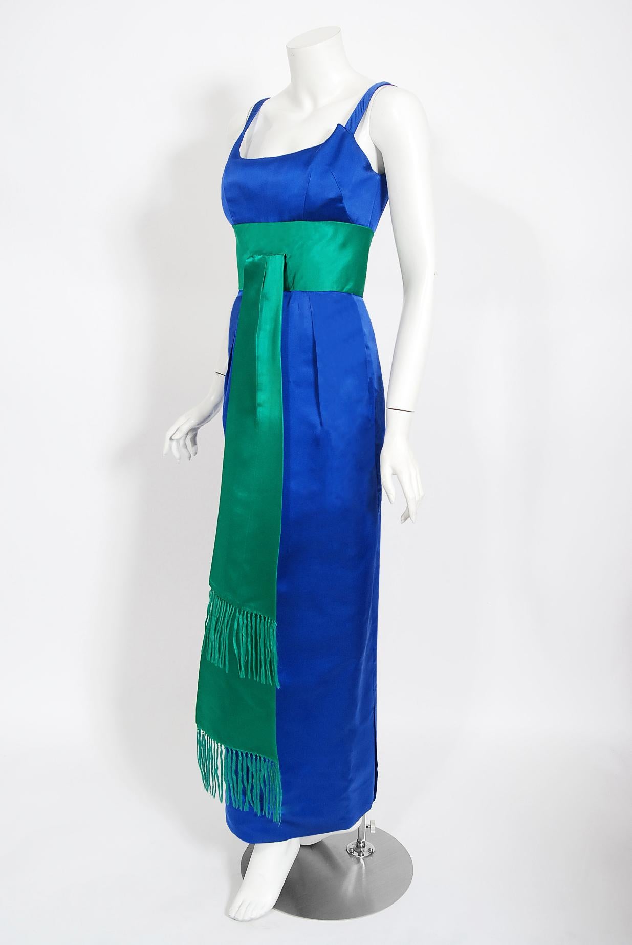 Vintage 1950s Oleg Cassini Sapphire Blue & Green Silk Sash Hourglass Fitted Gown In Good Condition In Beverly Hills, CA