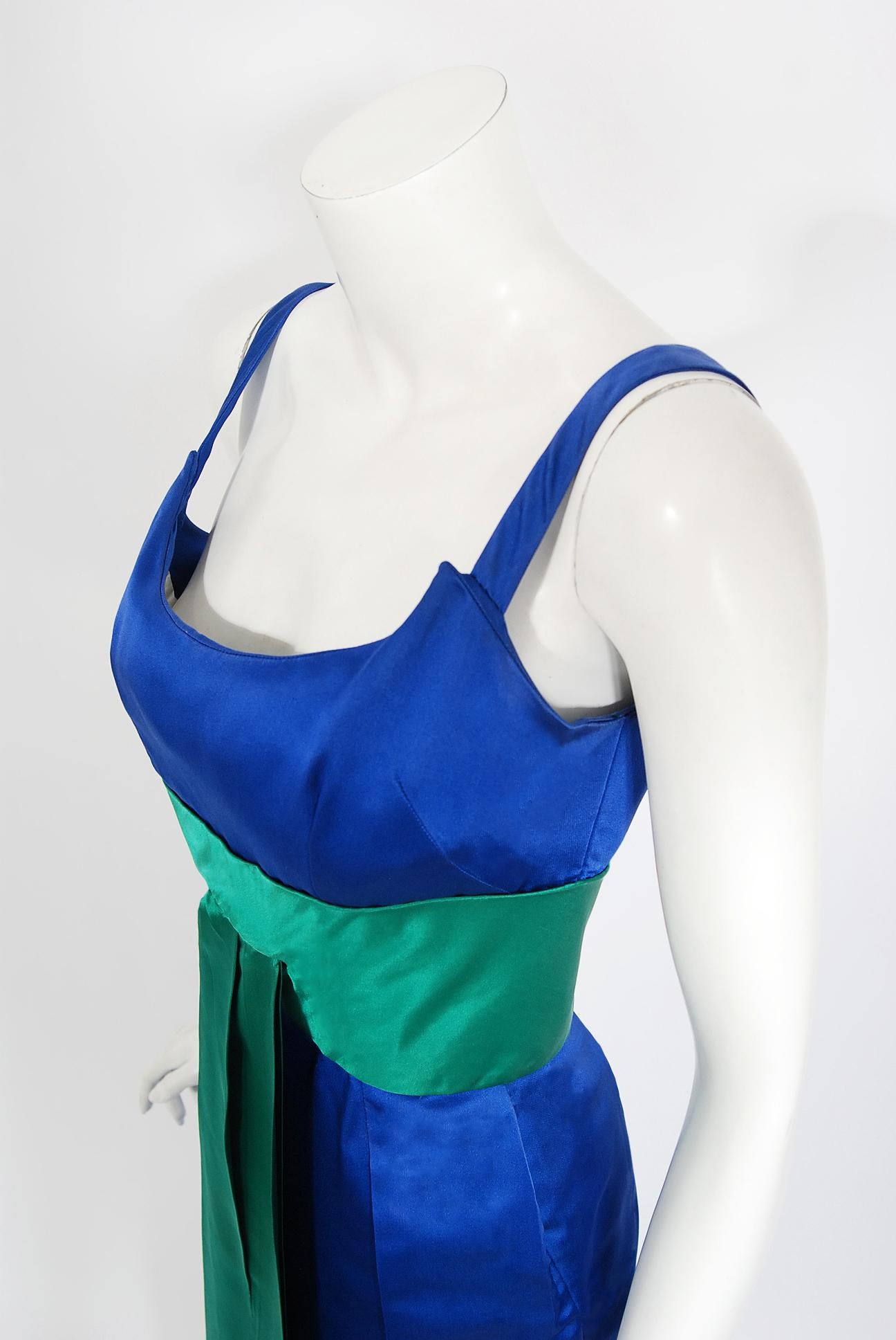Women's Vintage 1950s Oleg Cassini Sapphire Blue & Green Silk Sash Hourglass Fitted Gown