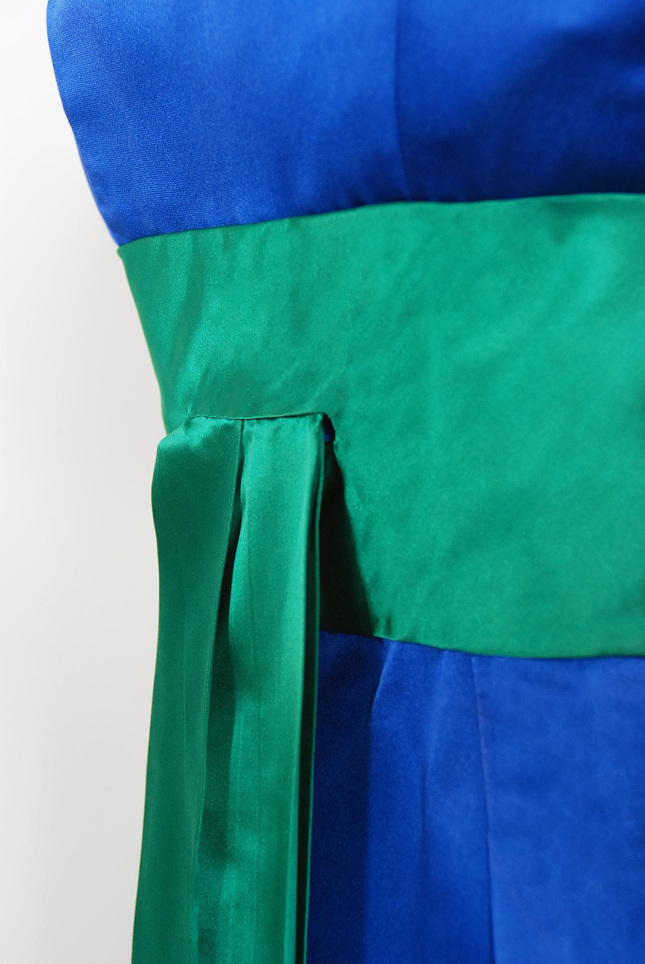 Vintage 1950s Oleg Cassini Sapphire Blue & Green Silk Sash Hourglass Fitted Gown 1