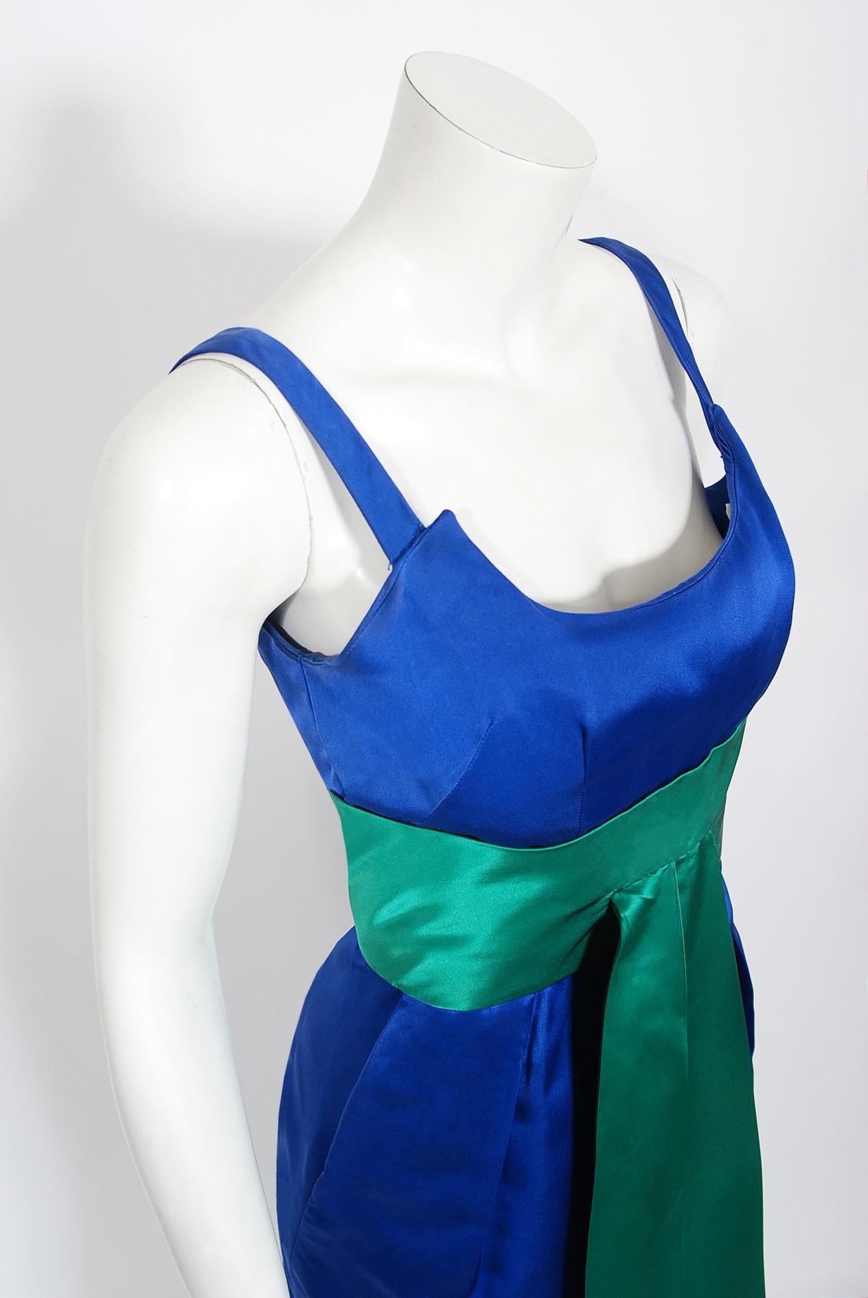 Vintage 1950s Oleg Cassini Sapphire Blue & Green Silk Sash Hourglass Fitted Gown 3