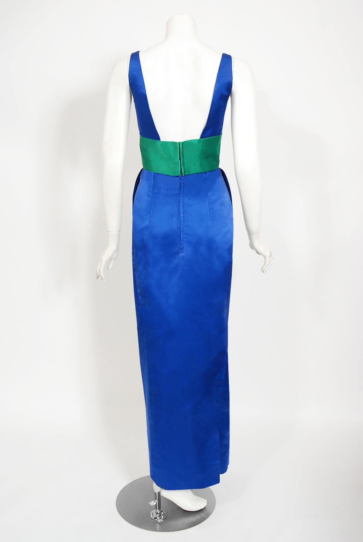 Vintage 1950s Oleg Cassini Sapphire Blue & Green Silk Sash Hourglass Fitted Gown 4