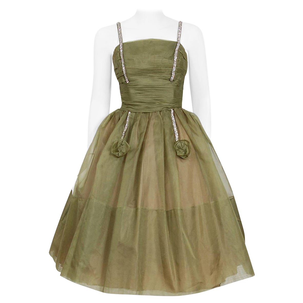 Vintage 1950
s Olive Green Pleated Silk Organza Rhinestone Full-Skirt Dress For Sale