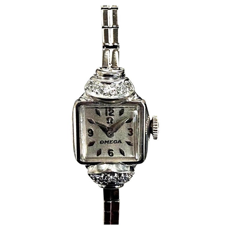 Vintage 1950s Omega Ladies 14K White Gold Diamond Wristwatch  display picture 3