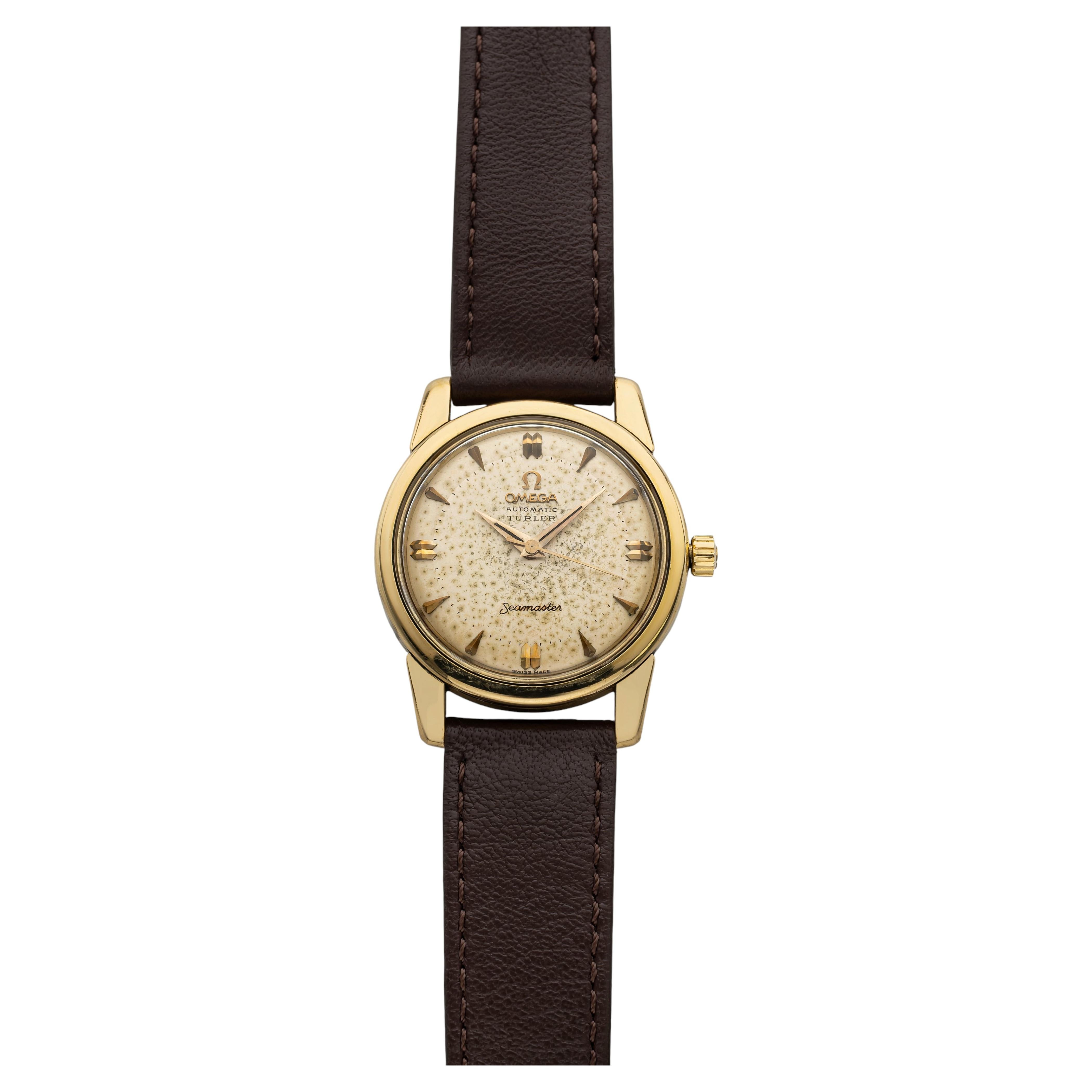 Vintage 1950s Omega Seamaster 18K YG Turler Double Stamp Dial Automatic 34 mm For Sale