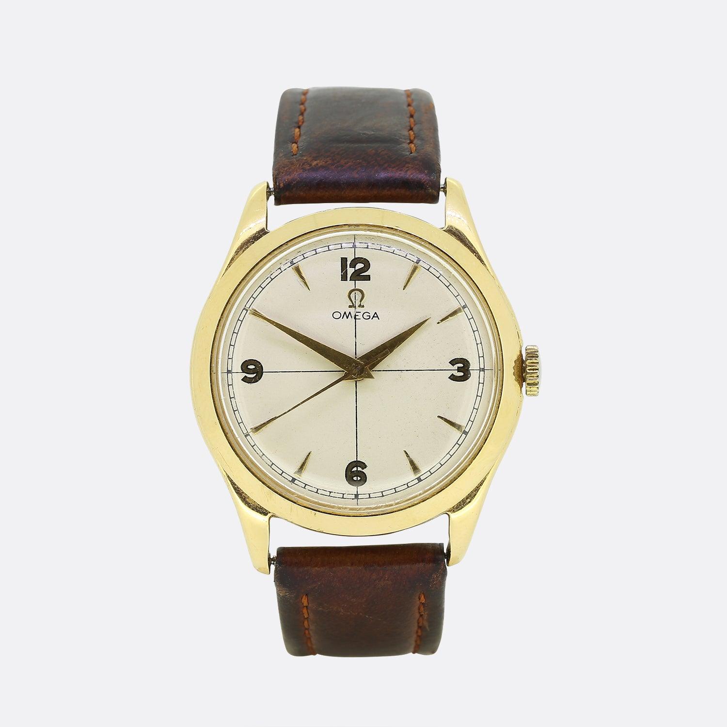 This is a vintage 1950s 18ct yellow gold Omega automatic wristwatch. The watch features most of its original parts including the case, dial and crown. However, the strap and buckle have been replaced at some point. The watch was made in the 1950s