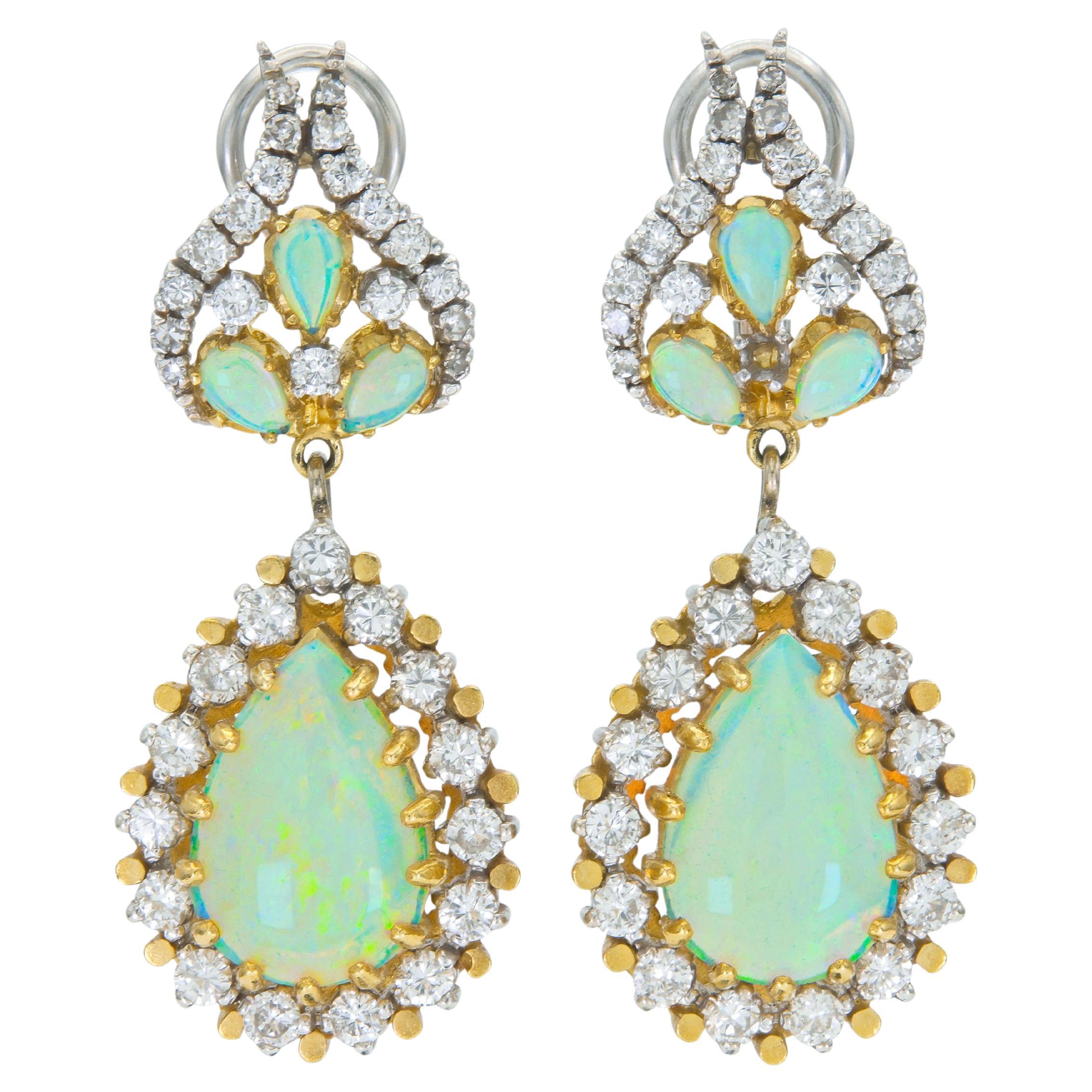 Orecchini a pendente staccabili con opale e diamanti, vintage anni '50
