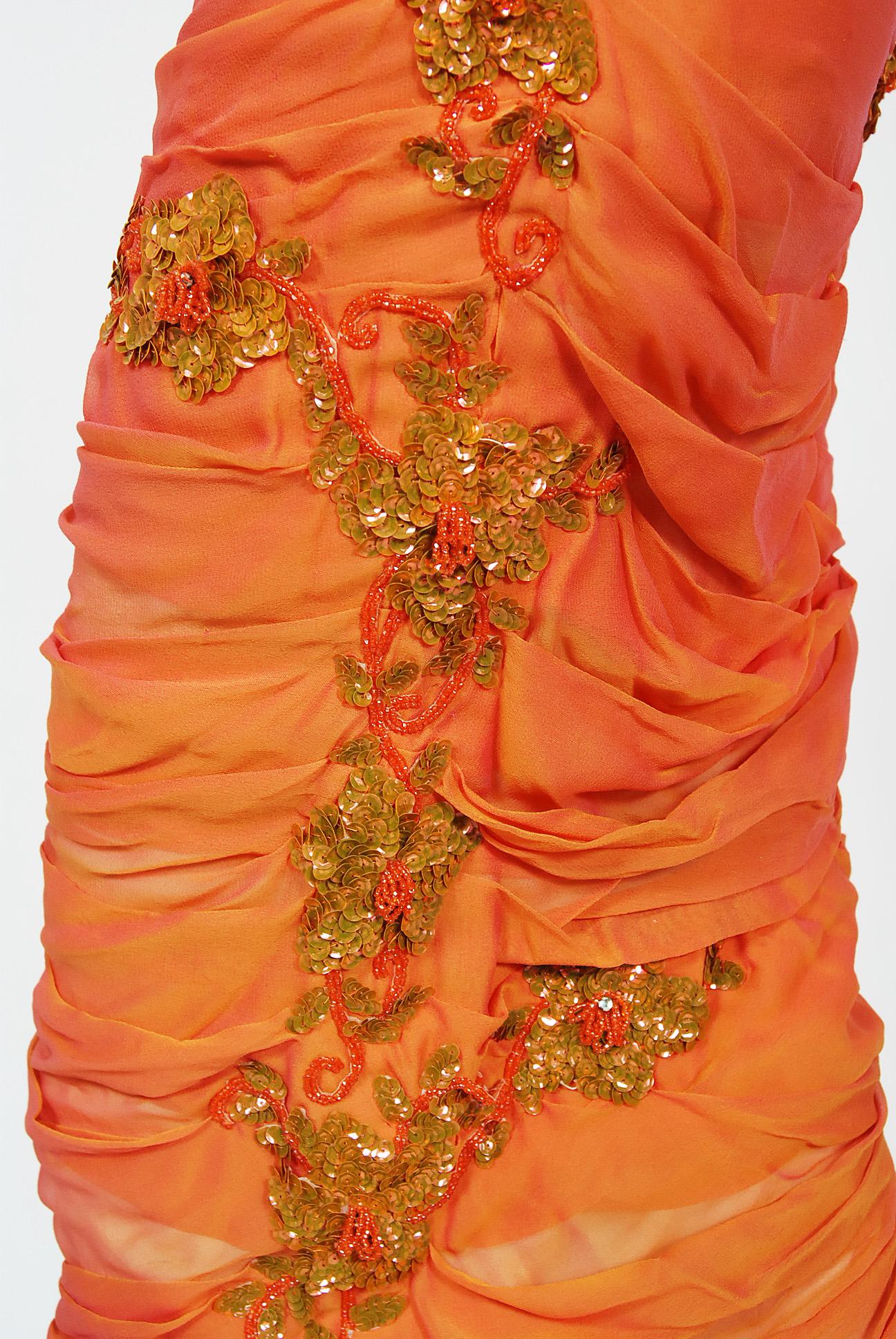 Vintage 1950s Orange Beaded Appliqué Ruched Chiffon Hourglass Old Hollywood Gown 4