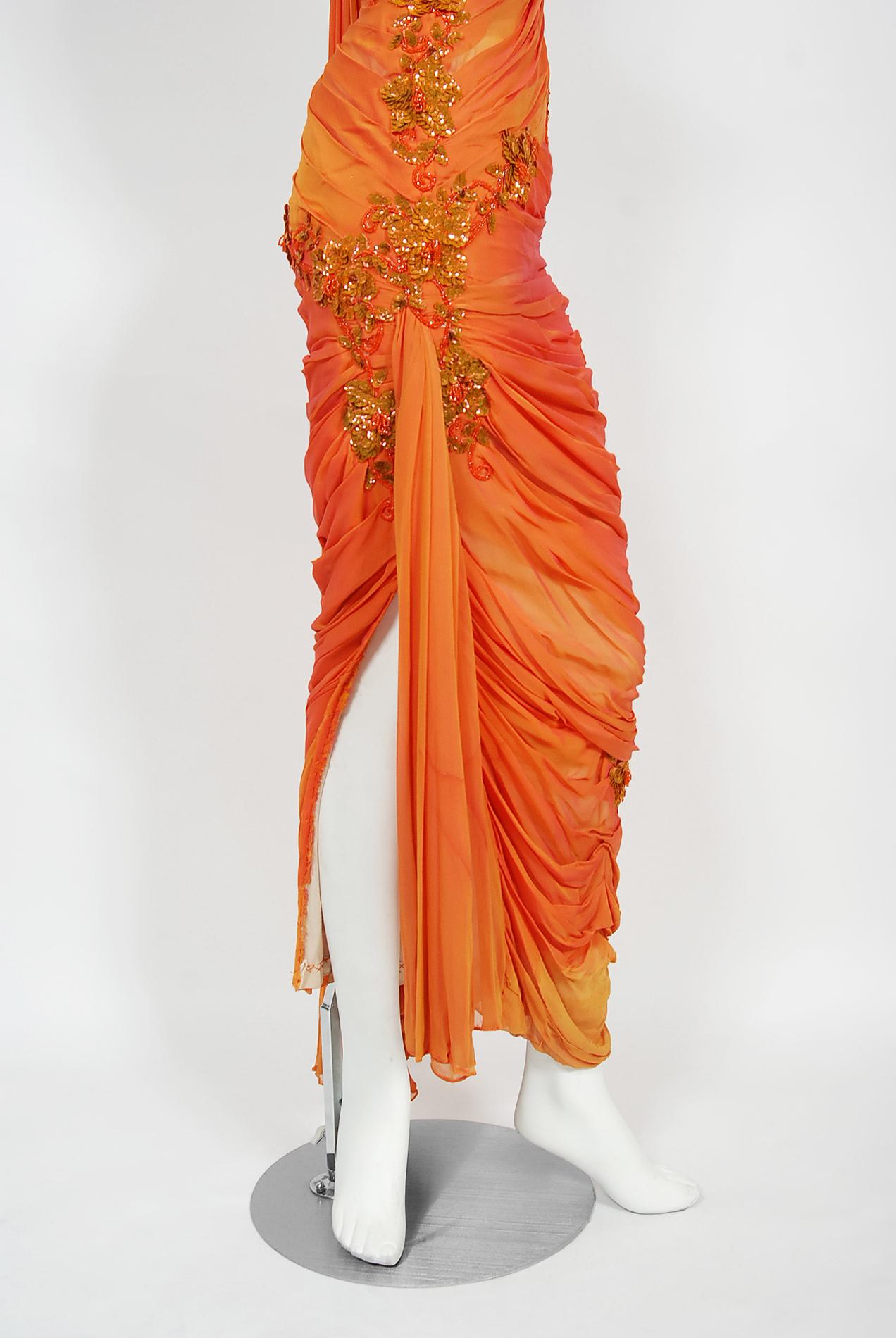 Vintage 1950s Orange Beaded Appliqué Ruched Chiffon Hourglass Old Hollywood Gown 5