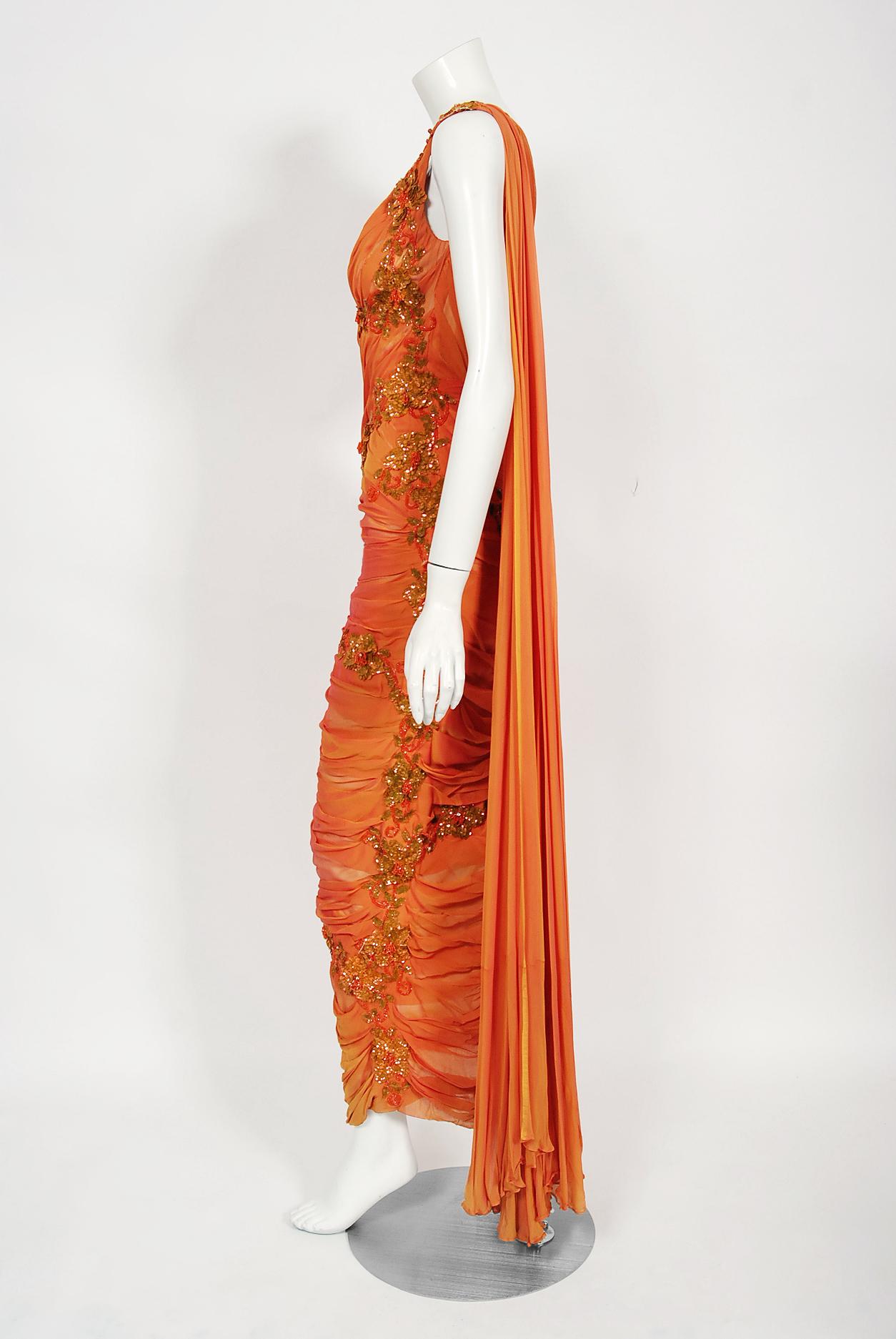 Vintage 1950s Orange Beaded Appliqué Ruched Chiffon Hourglass Old Hollywood Gown 6